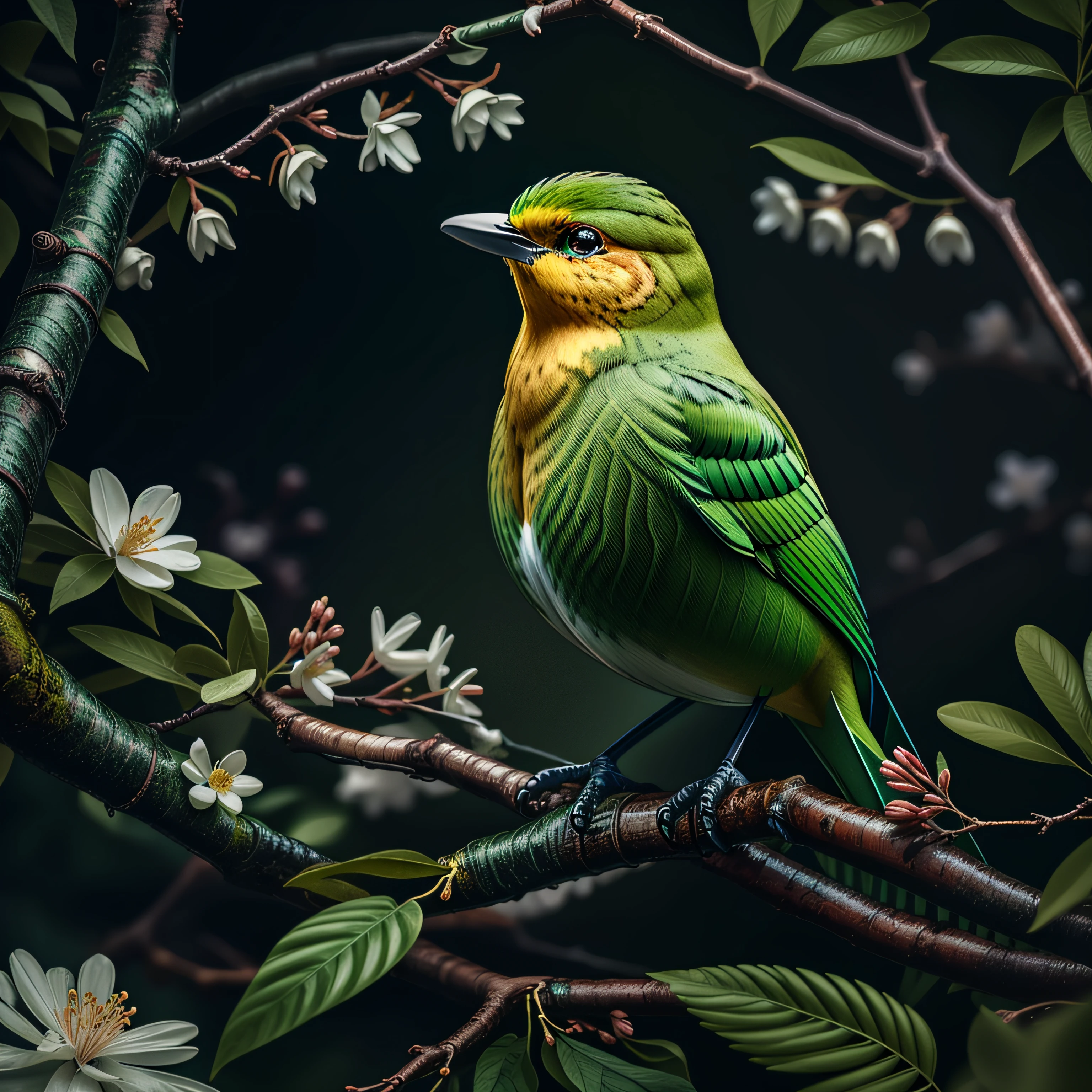 yellow bird, Flor, Obras maestras, Calidad superior, La mejor calidad, Arte Oficial, beautiful and aesthetic, 8K RAW, realista, yang08k,