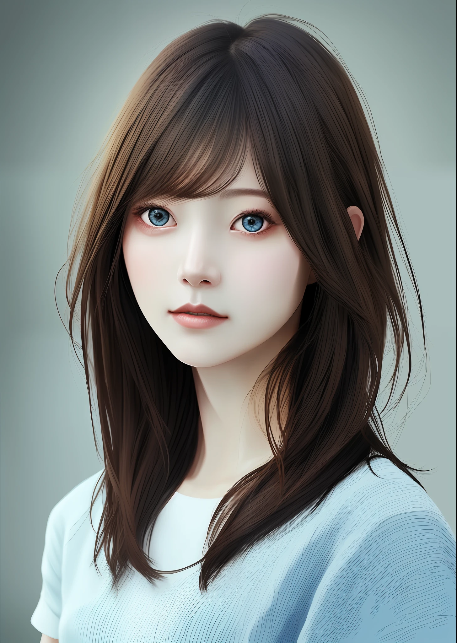 tmasterpiece, Hyper Real, Tremendously beautiful, Round face cute, with brown eye, blue short hair, {asiagirl}(1.3), {A half body}(1.1), high high quality.