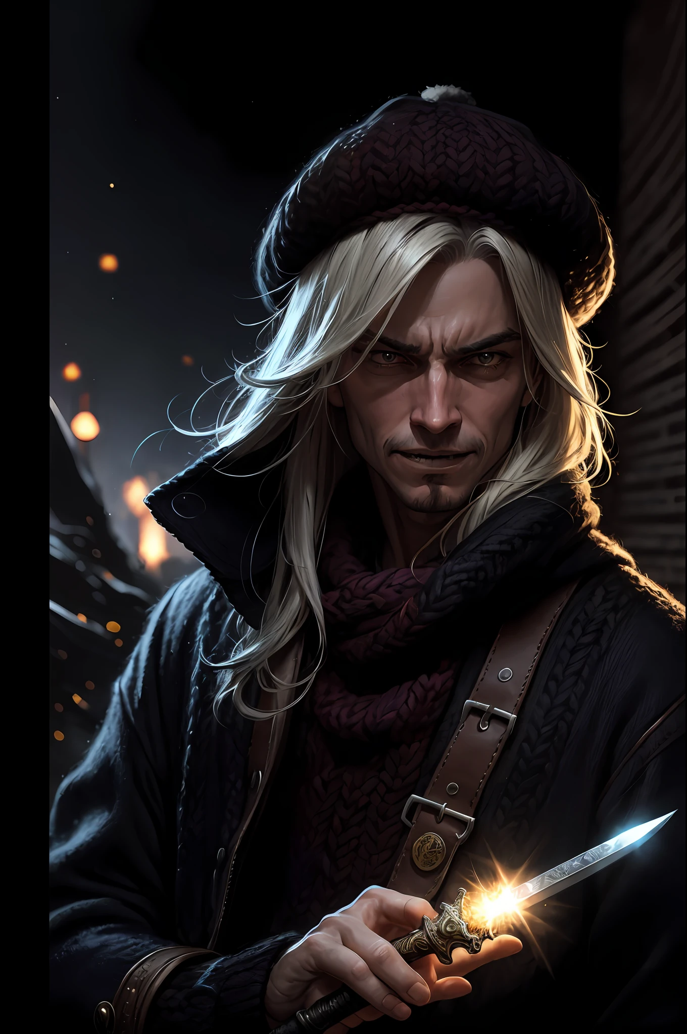 Steve Henderson Fabian Perez Henry Asencio, (woolen hat:1.2), Detailed cloth texture, Thick, (Ultra photo realsisim:1.3), Highly detailed, Matte painting, holding dagger,cinematic perfect light, angry grin, scifi spacescape, Evening, surreal image,