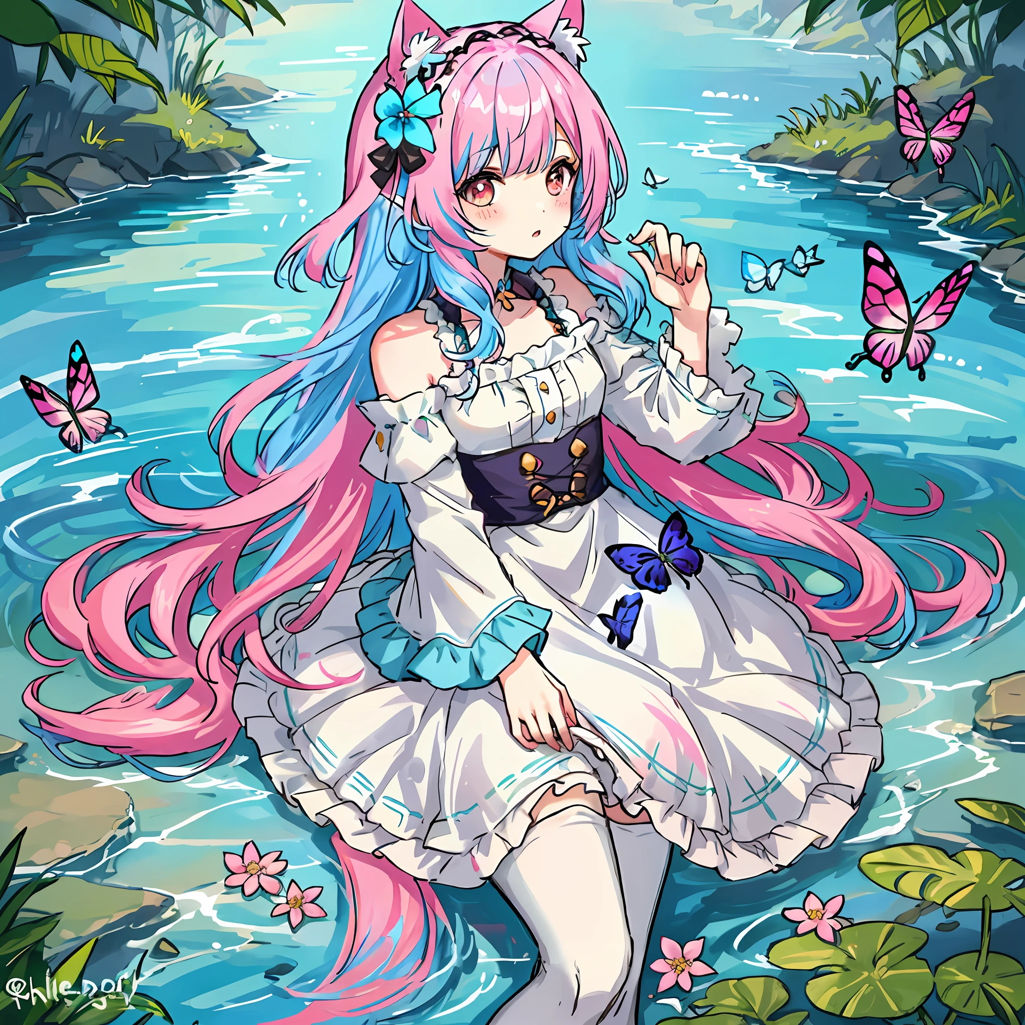 A meadow({multicolour_Hair+Light blue hair:1.8+Pink hair:0.2})Beast-eared loli,White fat meow-style makeup,Tiny cute,Colorful falls,Butterflies flutter,white stockings,Butterfly flower headdress