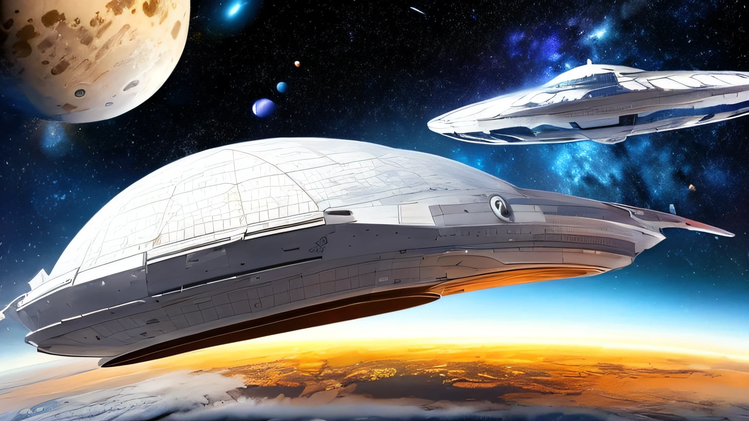 space ship,domes,Space hover,universe background,Planet destruction