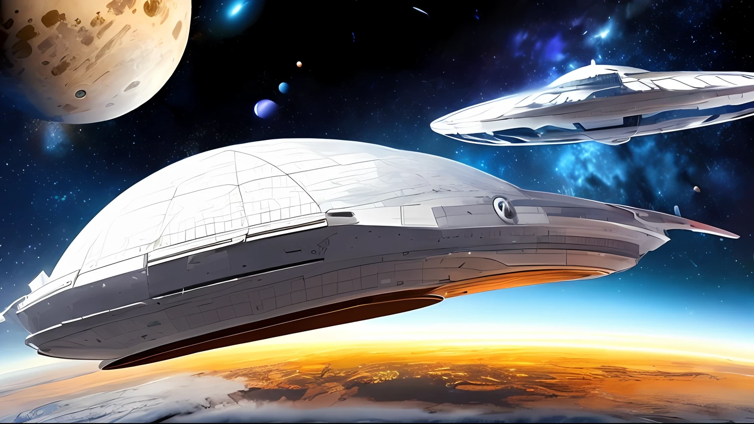 space ship，domes，Space hover，universe background，Planet destruction