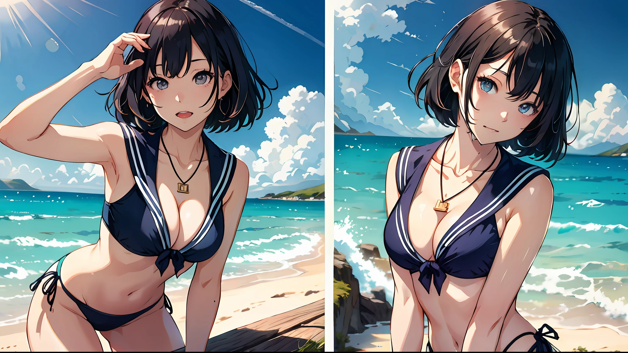 Medium Hair, Sailor Necklace, , Mare、coastline、 bikini of, Ahegao drool,