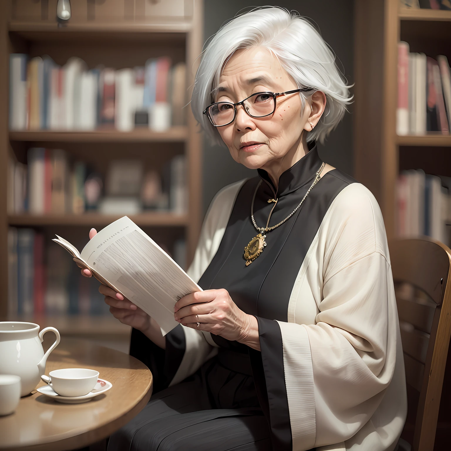 An older woman with glasses holds a thick book，Asian woman Chinese elegant woman sitting in front of a bookcase ，facing at camera。Ultra-real dignified elegance, ultra-real cinematic. Silver hair, White hair, Short hair, hair splayed out, Expressive hair, widow peak, hair adornments, jewelry, bead necklace, wears glasses,Light smile, realism, Constructivism, Mannerism, Social realism, Verism, filmgrain, multiple monochrome, anaglyph, Cinematic lighting, Chiaroscuro author：Leng Jun, portrait featured on unsplash, Old lady, Old woman, looking old, author：Wen Zhenheng, author：Zhang Han, Older woman, author：Li Zai, author：Sun Kehong, author：Cheng Zhengkui, 50mm portrait, Inspired by Liu Jue An older woman reading a book in front of a bookcase, sportrait, Color: Black and white with high contrast，The sense of cinema is strong, the dark tone is the appearance of the old man, Old lady, Portrait shooting, Older woman, Asian woman, Korean woman, Old woman, elderly woman, An old lady, An Asian woman, itsuko azuma, Shouko Nishimiya, elegant japanese woman, Grandma, Close portrait, white haired lady --auto