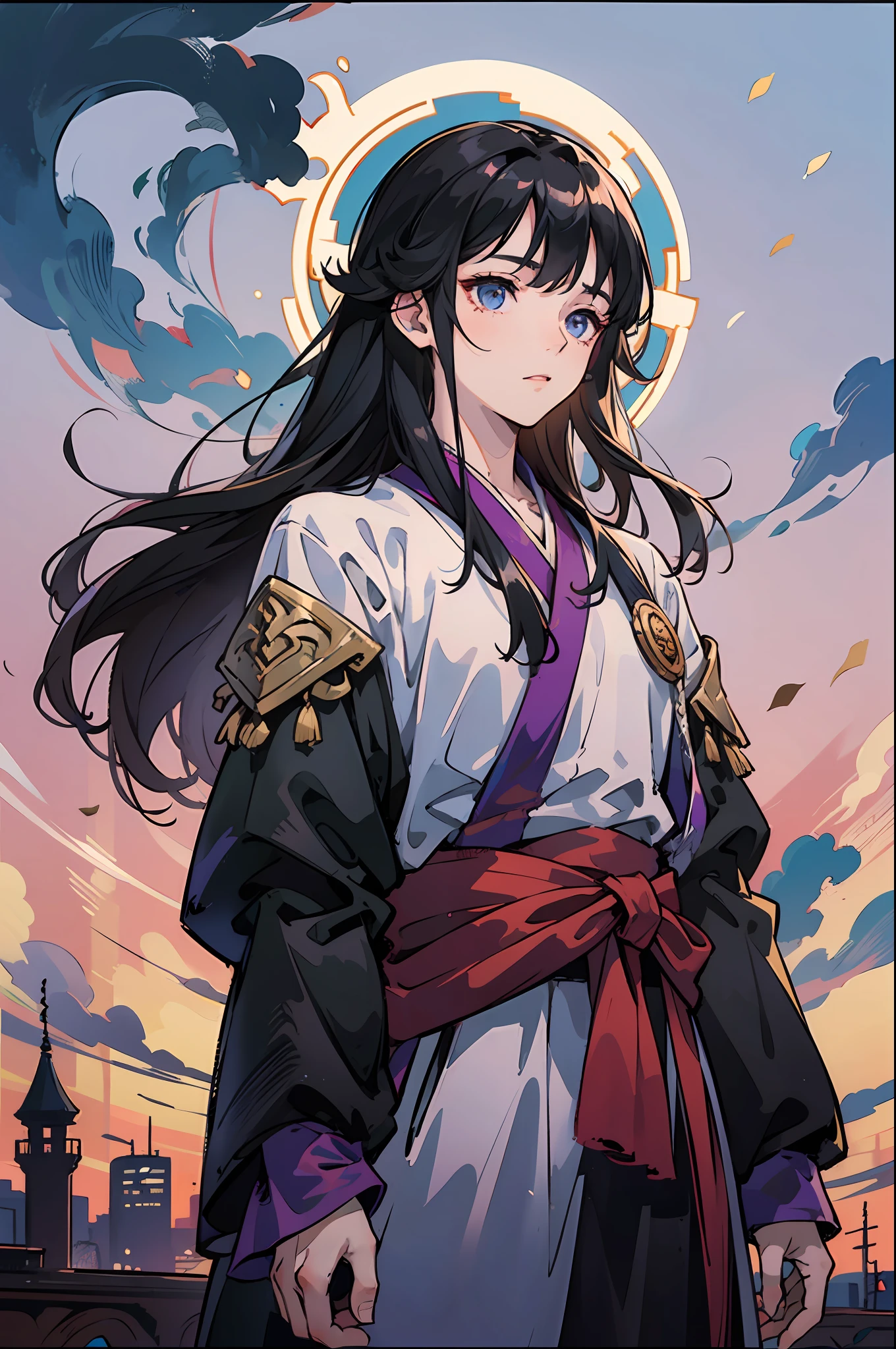 (Masterpiece), (Best quality), (Ultra detailed), Front view, Black long hair, Hanfu, Dusk sky, Short hair, Young male scholar with a sword on his waist --auto --s2