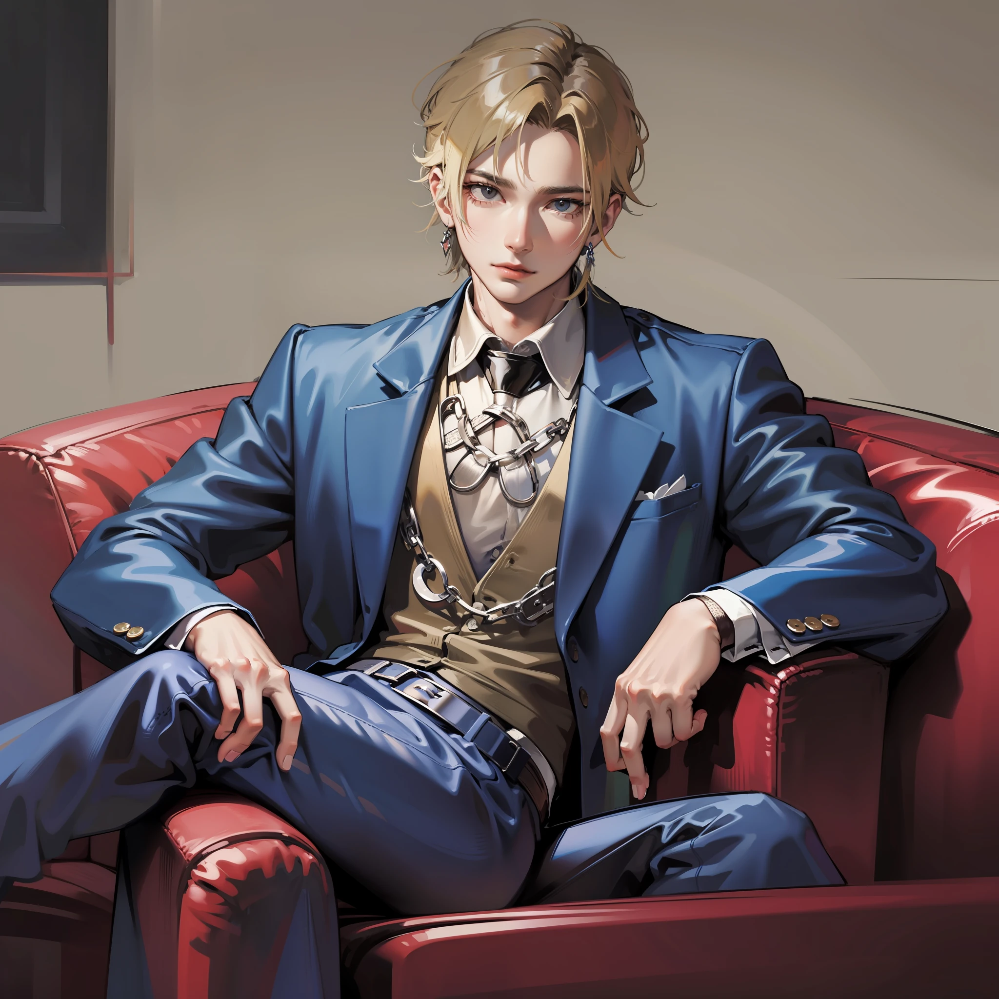 Dark style，A man in a suit sits on a wide sofa，