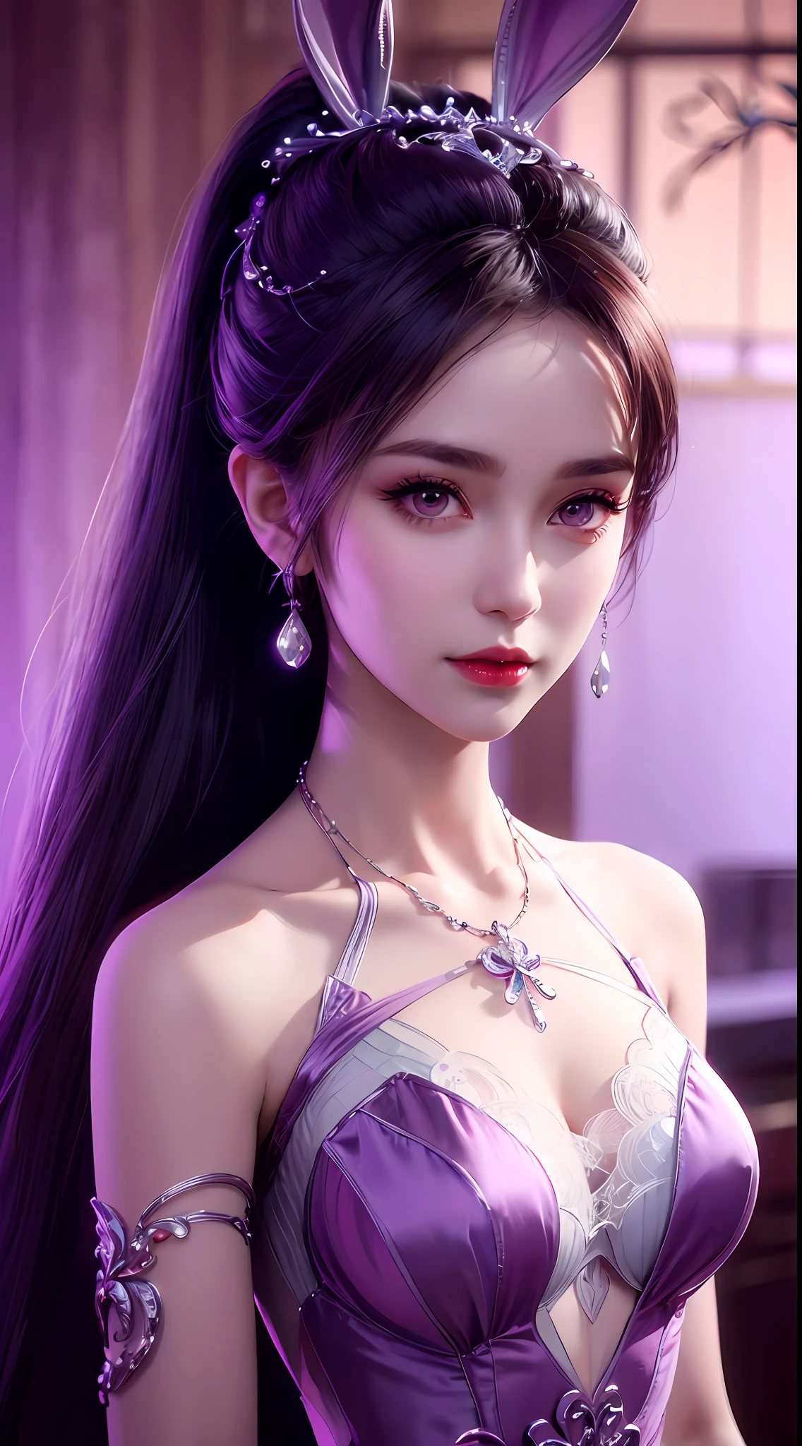 1 beautiful girl in Han costume, thin purple silk shirt with white color with many textures, white lace top, long platinum purple ponytail, hair jewelry, ear jewelry, light purple rabbit ears, necklace and necklace, meticulously drawn large purple eyes, meticulous makeup, thin eyebrows, high nose, lovely red lips, not smiling, pursed lips, rosy cheeks, wide breasts, big breasts , well-proportioned bust, slim waist, purple mesh socks, chinese hanfu style, fictitious art textures, vivid and realistic colors, RAW photos, realistic photos, ultra high quality 8k surreal photos, (effective fantasy light effect: 1.8), 10x pixel, magic effect (background): 1.8), super detailed eyes, girl body portrait, ancient hanfu background,