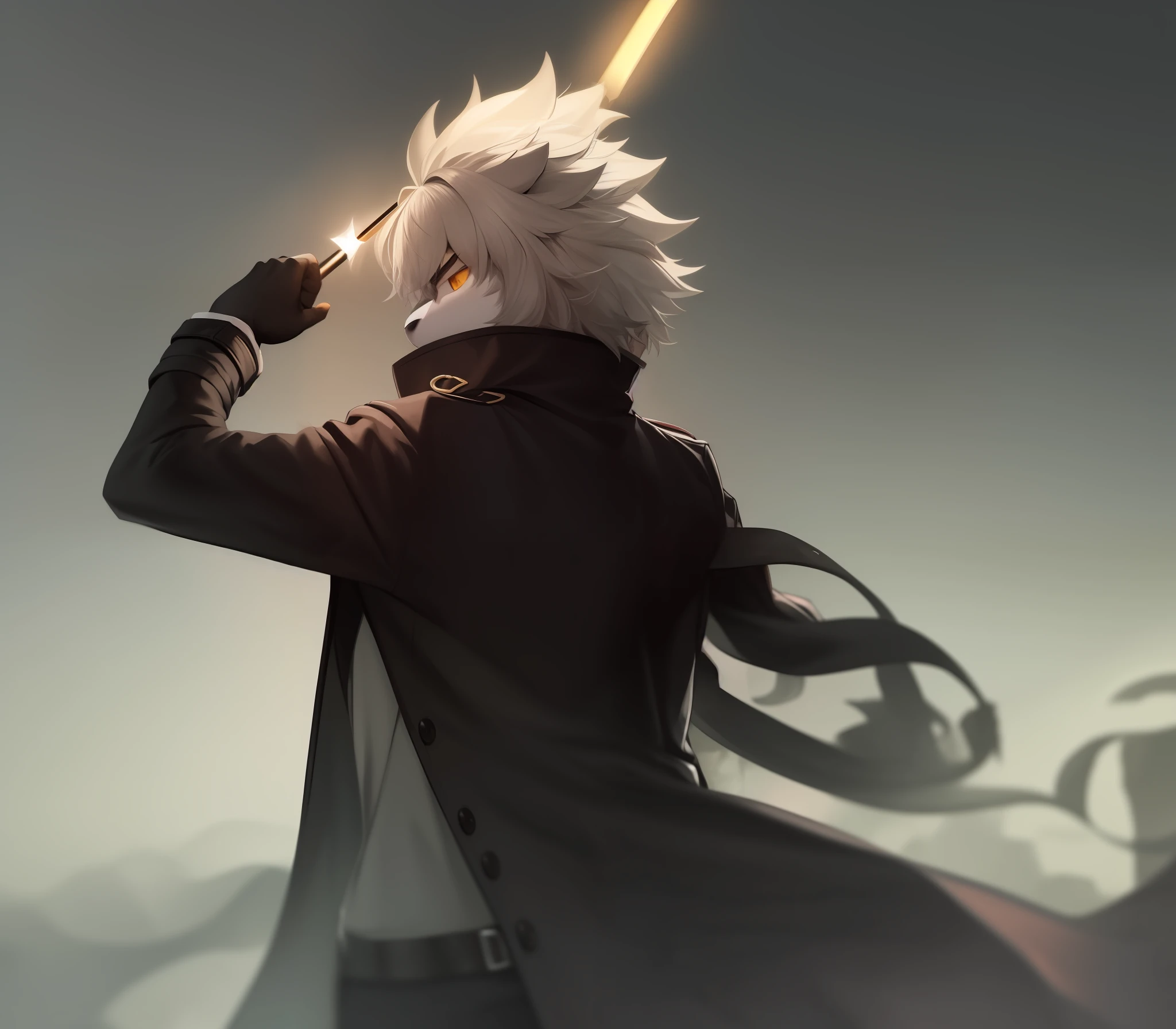 Boy student ,musculous,Two-dimensional furry ,a black trench coat,sideface,The background is dusk,yearning,Holding a light blade in his hand,Black and white fluffy hair
