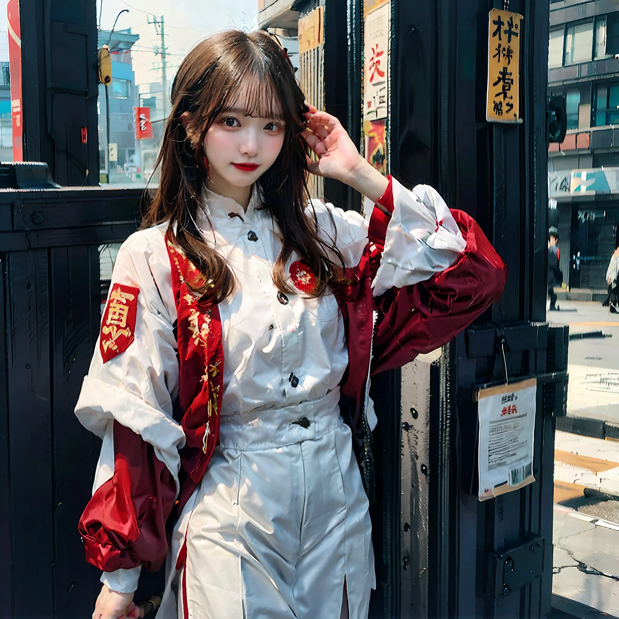 Long hair and bangs, female 18 years old,Wears a white cheongsam with a red embroidered baseball jacket,Chinese sword in hand,The background is a Chinese cyberpunk street