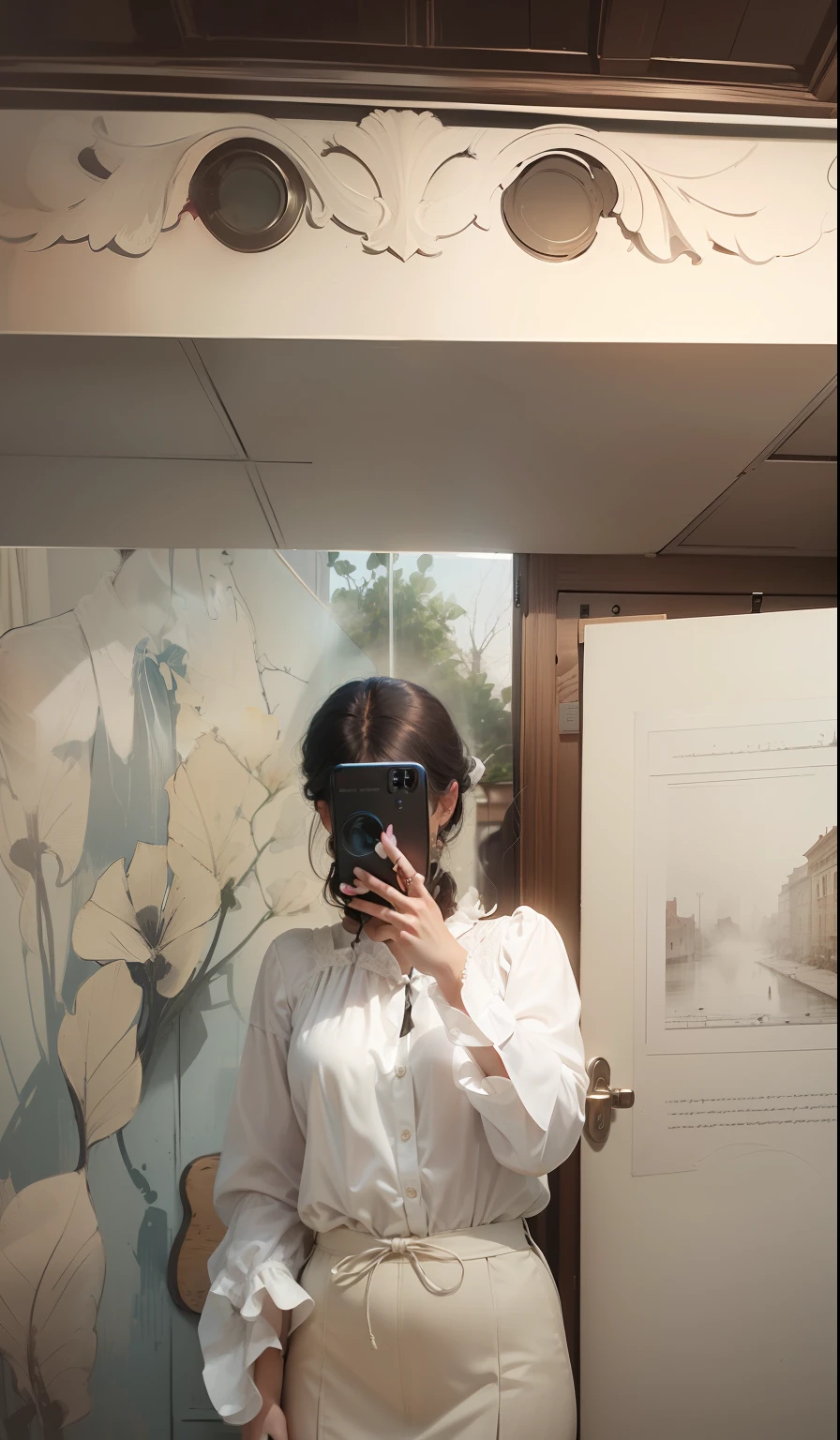 (White color blouse:1.2),wide high angle view,schoolboy,Shimmering effect,Deep scene,A gentle breeze,View from the window,Light mist,Sketch in detail,The painting style is beautiful. --auto