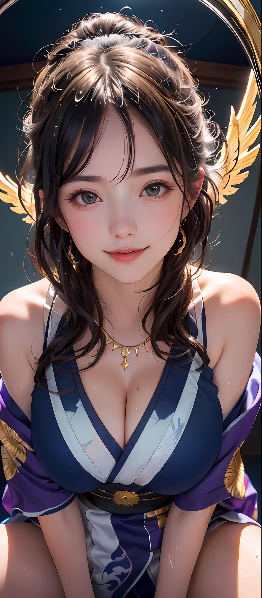 masterpiece, best quality, extremely detailed CG unity 8k wallpaper, ,(Upper Body head close-up shot of a beautiful Amaterasu girl), (Mckenna Grace), (()), ((( ))),,(gigantic breasts),(Wings, Glittering with gold angel halo overhead),wet transparent see through yukata Kimono, ,Plump,(),(((spread legs, Fisheye perspective view))),,from above,,(seductive smile),,,, ,Starry sky,,,pretty face, key art, award winning, intricate detail realism hdr, by (Luis Royo:1.2), (Yoshitaka Amano:1.1), Photorealism, Hyperrealism, ultra realistic, dramatic light, intense shadows, gorgeous view,depth of field