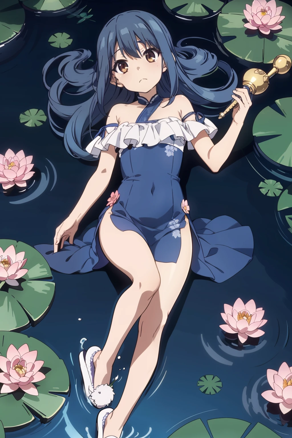 Masterpiece-level CG graphics,Best quality,The subject is a female magician with blue hair and harnessing the element of water,She is dressed in a lotus pattern,It is surrounded by carp and lotus flowers。The picture has Uwabaki(A type of slippers)The feeling of。