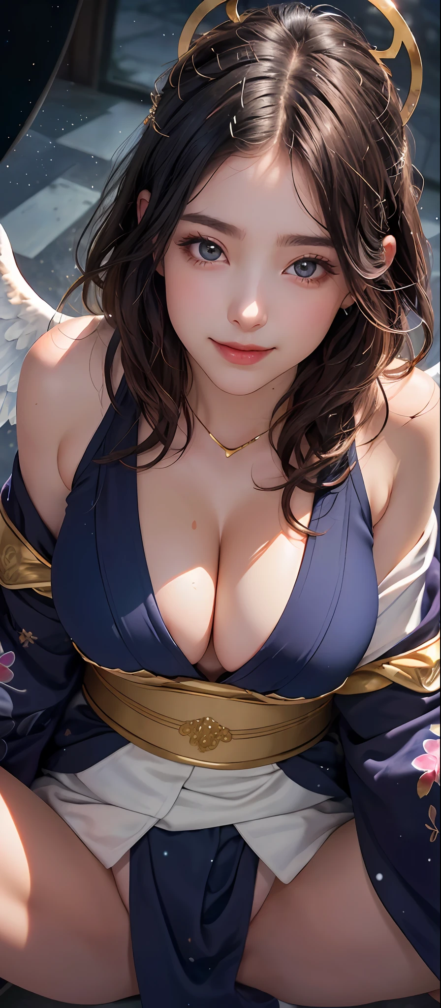 masterpiece, best quality, extremely detailed CG unity 8k wallpaper, ,(Upper Body head close-up shot of a beautiful Amaterasu girl), (Mckenna Grace), (()), ((( ))),,(gigantic breasts),(Wings, Glittering with gold angel halo overhead),wet transparent see through yukata Kimono, ,Plump,(),(((spread legs, Fisheye perspective view))),,from above,,(seductive smile),,,, ,Starry sky,,,pretty face, key art, award winning, intricate detail realism hdr, by (Luis Royo:1.2), (Yoshitaka Amano:1.1), Photorealism, Hyperrealism, ultra realistic, dramatic light, intense shadows, gorgeous view,depth of field