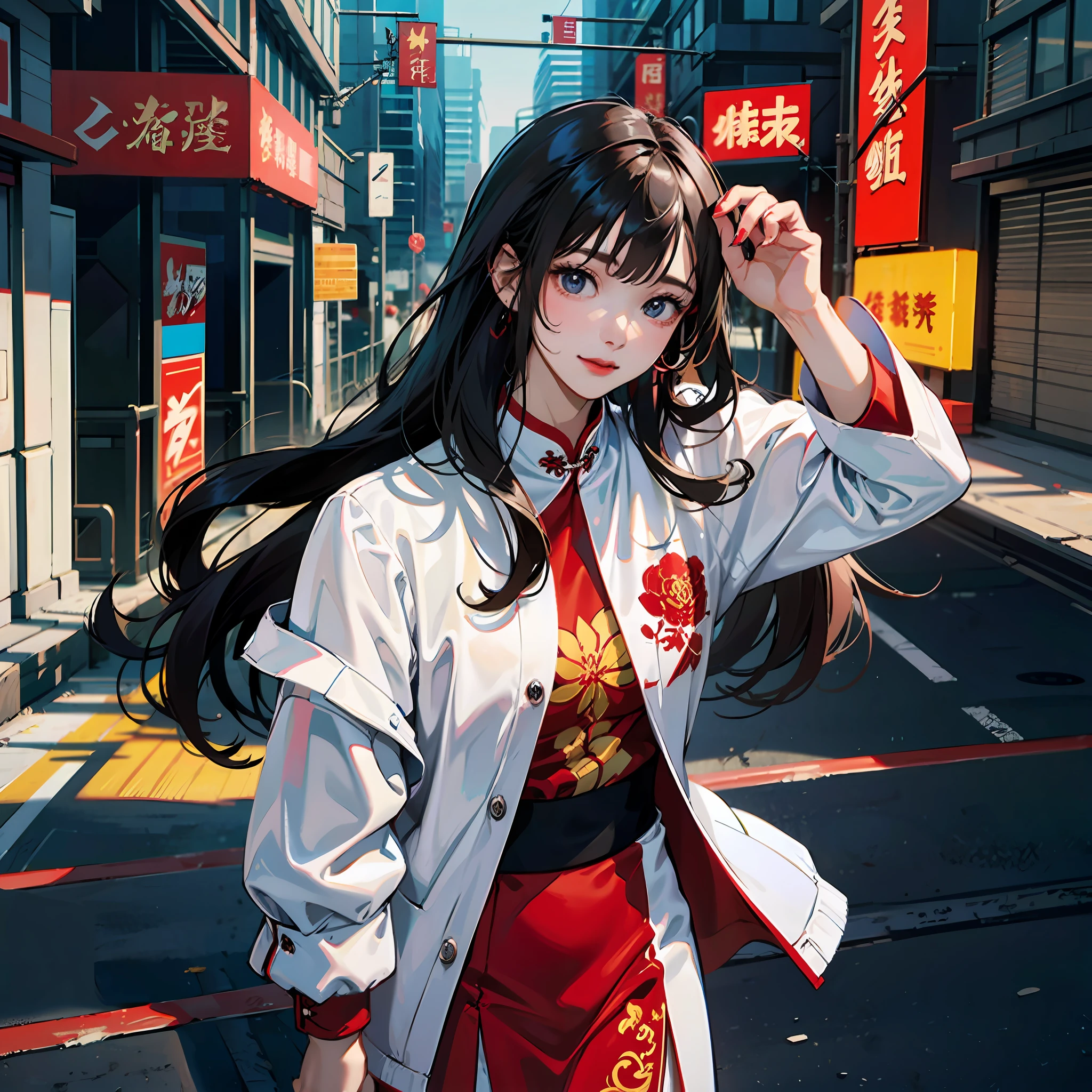 Long hair and bangs, female 18 years old,Wears a white cheongsam with a red embroidered baseball jacket,Chinese sword in hand,The background is a Chinese cyberpunk street