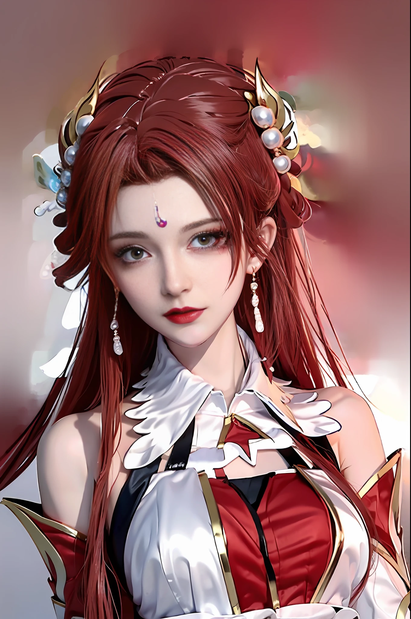 Girl, young and beautiful, tall and beautiful, fair face, perfect features, tall and beautiful, fair skin, good figure, heroic and valiant, heroic and valiant, wearing ancient Chinese armor, female general, Chinese landscape background, standing on the top of the mountain, 500 years ago, starry night, realistic, detailed, 8k, mix4,   red_dress,starry sky, fire, red hair, solo, hair ornament, long hair, red eyes, jewelry, earrings, dress, bare shoulders, red lips, upper body, white background, facial mark, crescent, lipstick, forehead mark, looking at viewer