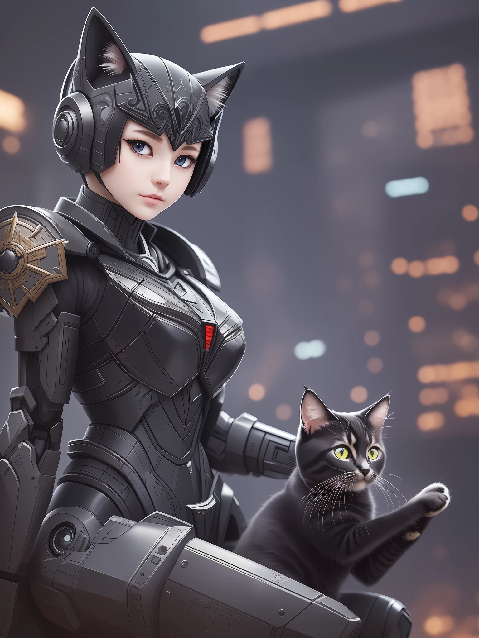 a cute kitten made of metal、black cat、Female cats、GUNDAM Cyborg、Cyberpunk style、((intricate-detail))、tchf、((intricate-detail、ultra-detailliert))、Cinematic shots、vignettes、odd eye、Black cat、kosmos、Knights、s Armor、droid