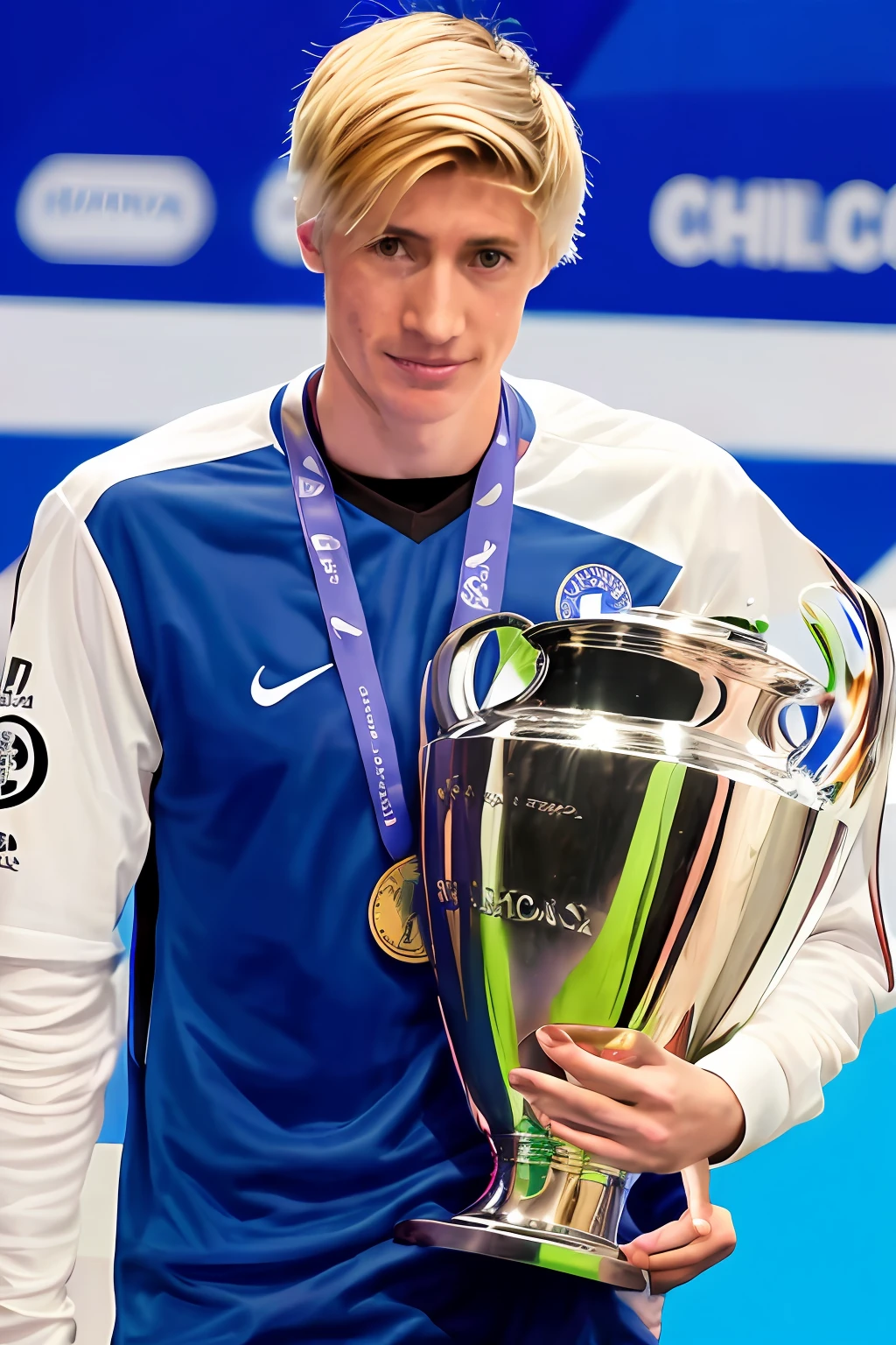 Blonde boy Torres of Spain holds the Champions League trophy,Wearing a blue Chelsea shirt