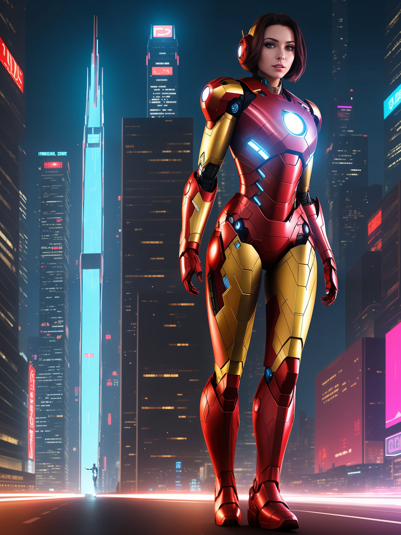 8k, realistic, attractive, highly detailed, a 20 year old girl a sexy and attractive woman inspired by Iron Man wearing a shiny Iron Man mech. She dresses with sexiness and confidence, perfectly interpreting Iron Man's strength and charisma. In a cyberpunk-style city night scene, a sexy and attractive woman takes Iron Man's cosplay as the theme. Wearing a shiny Iron Man mech, she stands on a street lined with tall buildings. The night lights of the city are bright, reflecting on her mecha, adding a sense of future technology. The surrounding buildings and streets are full of cyberpunk elements, such as neon lights, high-tech devices and futuristic architectural designs. The whole scene is full of futuristic and sci-fi atmosphere. This high-definition, high-quality picture will bring you stunning visual enjoyment, a perfect combination of sexy, futuristic and sci-fi elements. oc rendering, dramatic lighting, award winning quality