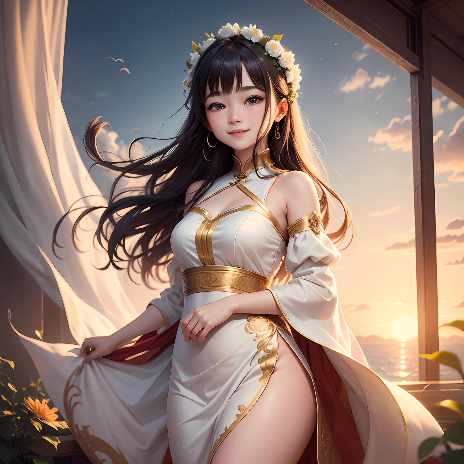 Super high quality illustrations!Very delicate scene,A chubby one、 ~sprout~ Cute girls,whaite hair、Red eyes、white skinned、Gold clothes。She smiled gently,The expression was very soft,It felt like an evening breeze coming from a human voice。An incomparable tranquility,The perfectly drawn girl has a strong personality,The background of a hillock in the breeze reflects the smiling sun in the sky,It presents a very beautiful picture。 --auto