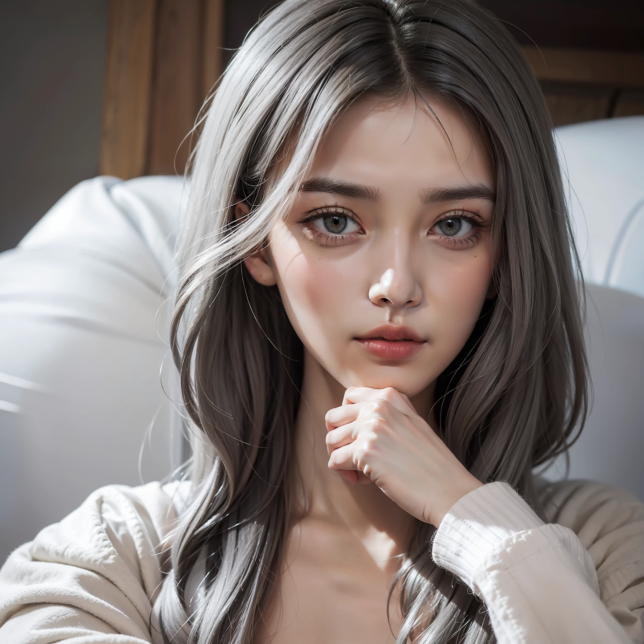 Manteau blanc,White-skinned,Long gray hair,Golden eyes,The upper part of the body,Beautuful Women,nakeness