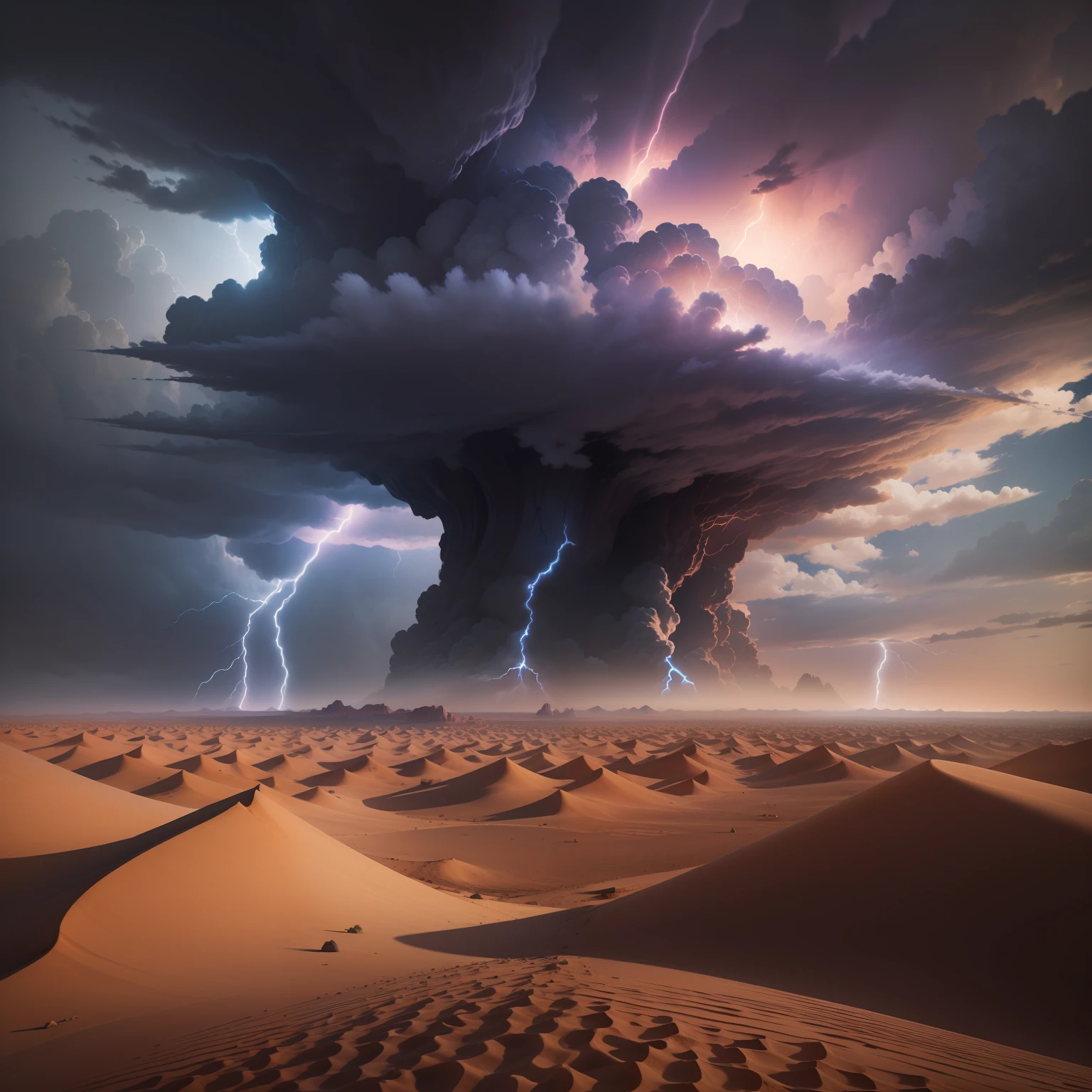 A desert, tornado, thunder clouds, grand, high detail, cinematic lighting, first-person view