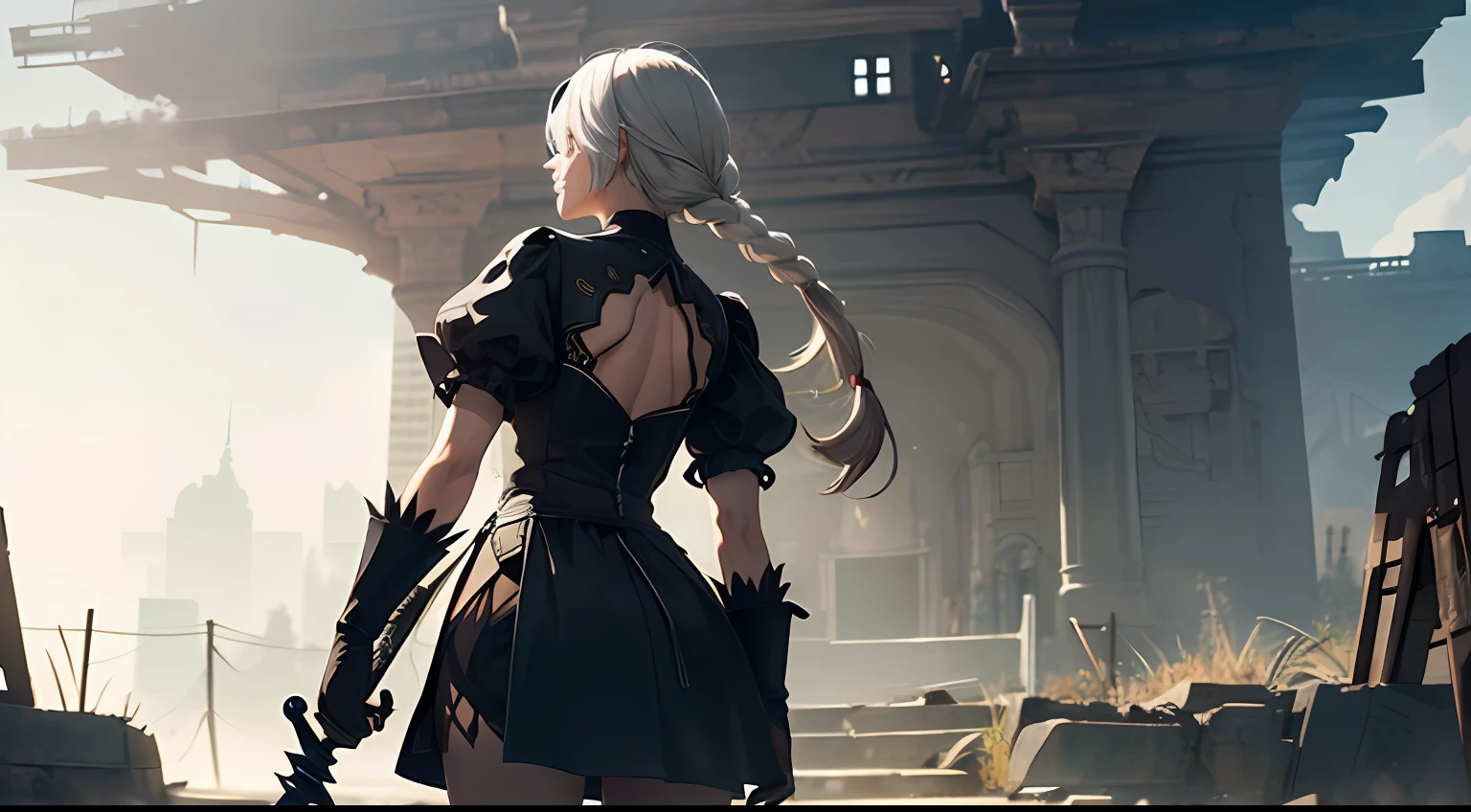 two - handed sword,White-haired long-braided female knight back,Face the desperate situation,nier automata concept art, supergiant games, --auto
