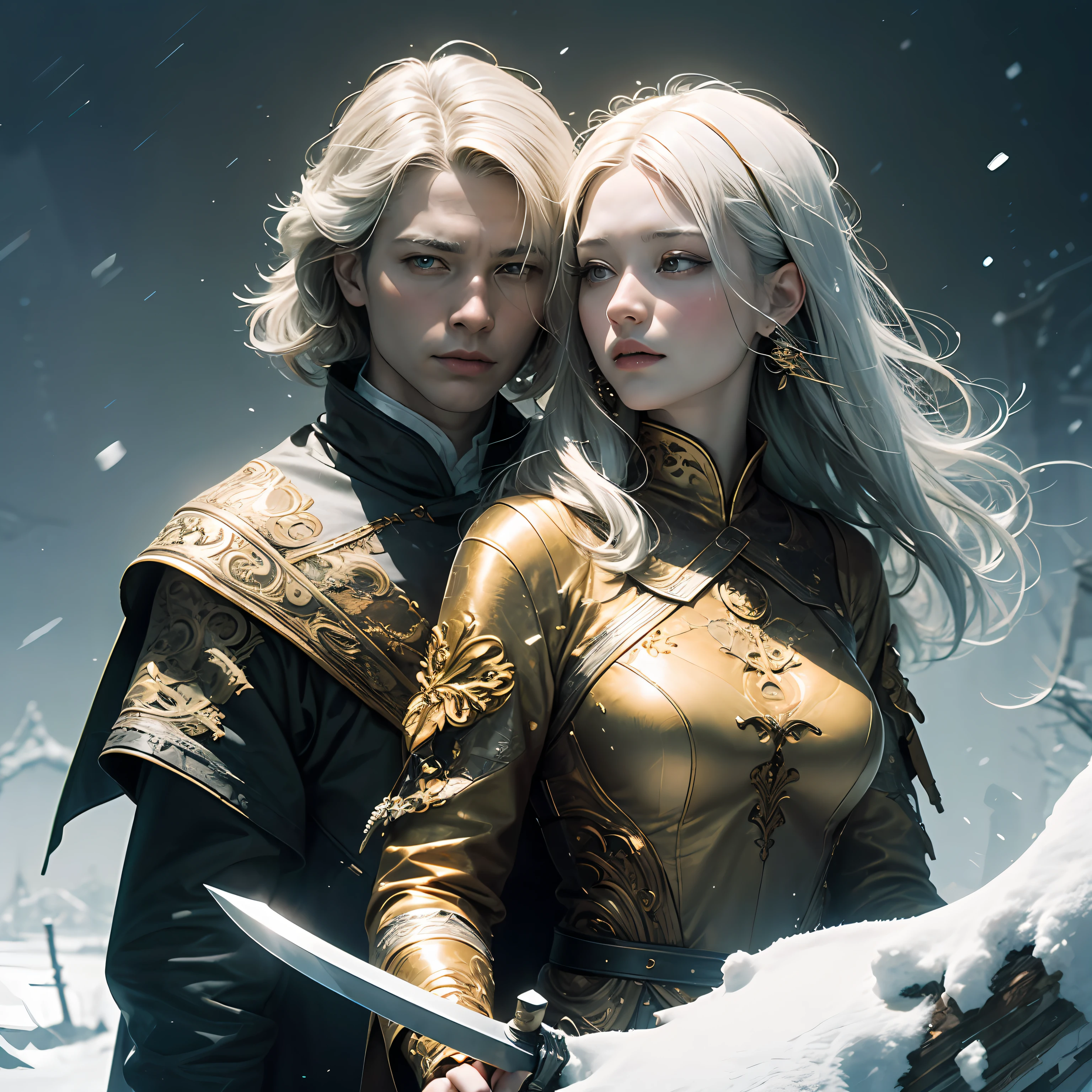best qualtiy,GameCG,1girll,tmasterpiece,8K,detailed skin textures,Detailed cloth texture,beautifull detailed face,Complicated details,the ultra-detailed,(A half body:1.2),Golden pupils、superrealism、holy sword、White-colored skin,white color hair、left right symmetry,China-style,In the snow。 --auto