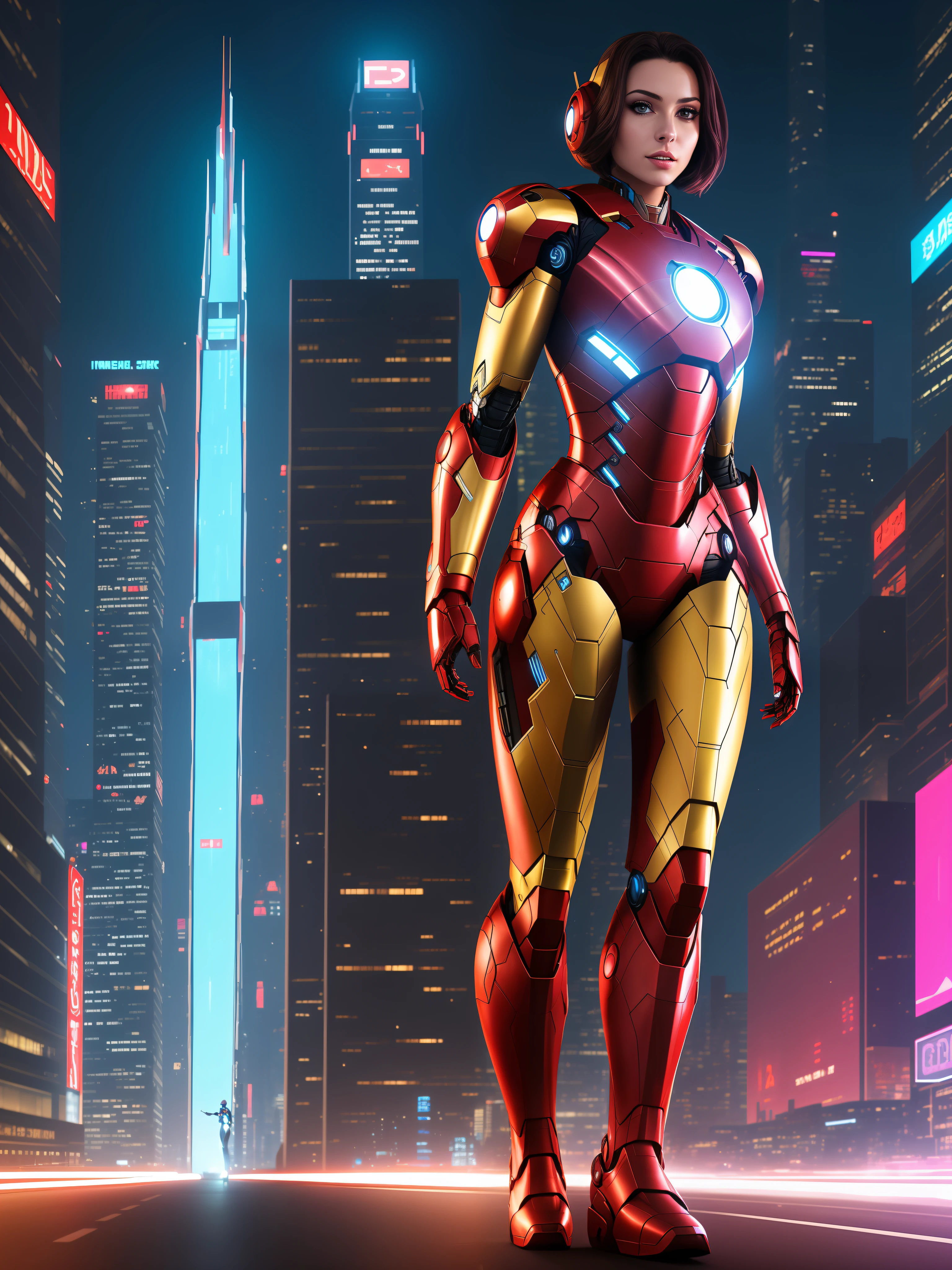 8k, realistic, attractive, highly detailed, a 20 year old girl a sexy and attractive woman inspired by Iron Man wearing a shiny Iron Man mech. She dresses with sexiness and confidence, perfectly interpreting Iron Man's strength and charisma. In a cyberpunk-style city night scene, a sexy and attractive woman takes Iron Man's cosplay as the theme. Wearing a shiny Iron Man mech, she stands on a street lined with tall buildings. The night lights of the city are bright, reflecting on her mecha, adding a sense of future technology. The surrounding buildings and streets are full of cyberpunk elements, such as neon lights, high-tech devices and futuristic architectural designs. The whole scene is full of futuristic and sci-fi atmosphere. This high-definition, high-quality picture will bring you stunning visual enjoyment, a perfect combination of sexy, futuristic and sci-fi elements. oc rendering, dramatic lighting, award winning quality