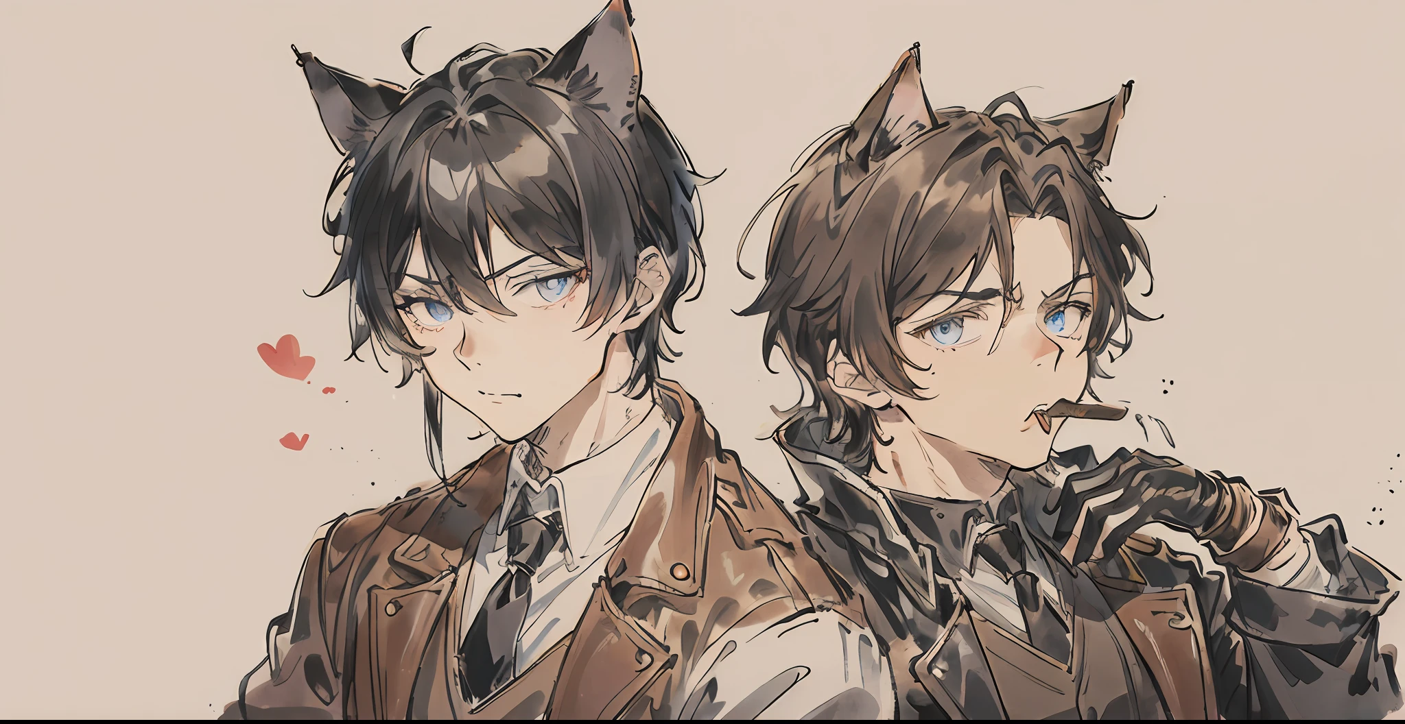 Suit boy,The skin is brown,eBlue eyes,with short white hair,wearing a tie,Wear brown leather gloves,There are bandages on the face,Has brownish-gray cat ears,Wear a black collar,staring right into camera,Bite on leather gloves,Bad temperament, cool cool。