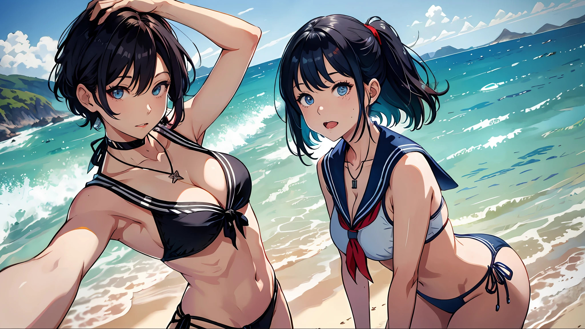 Medium Hair, Sailor Necklace, , mare、coastline、 bikini of, Ahegao drool,