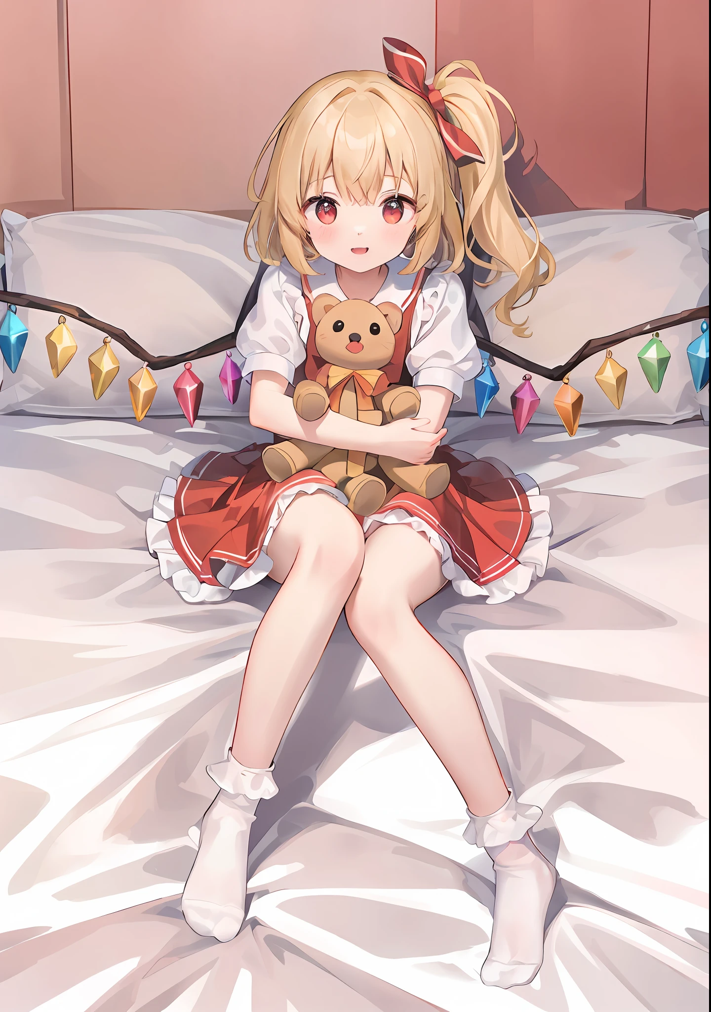 best qualityer, 超高分辨率, 1girll, 独奏, Flemish scarlet, White soft cap, Red Hat bow, blone hair, side ponytails, red eyes, shinning eyes, fang, red tank top, short- sleeved, Fluffy sleeves, Yellow Ascot, Red frilled skirt, (crystal wings:1.2), bobby socks, Mary Janes, redfootwear, laughingly, ((Shy and cute smile)), looking at viewert, facingfront, The upper part of the body, sportrait,超高分辨率,Best quality white stockings,Lace socks,Burpee socks,over knee socks,Exudes a cute and shy atmosphere,4k