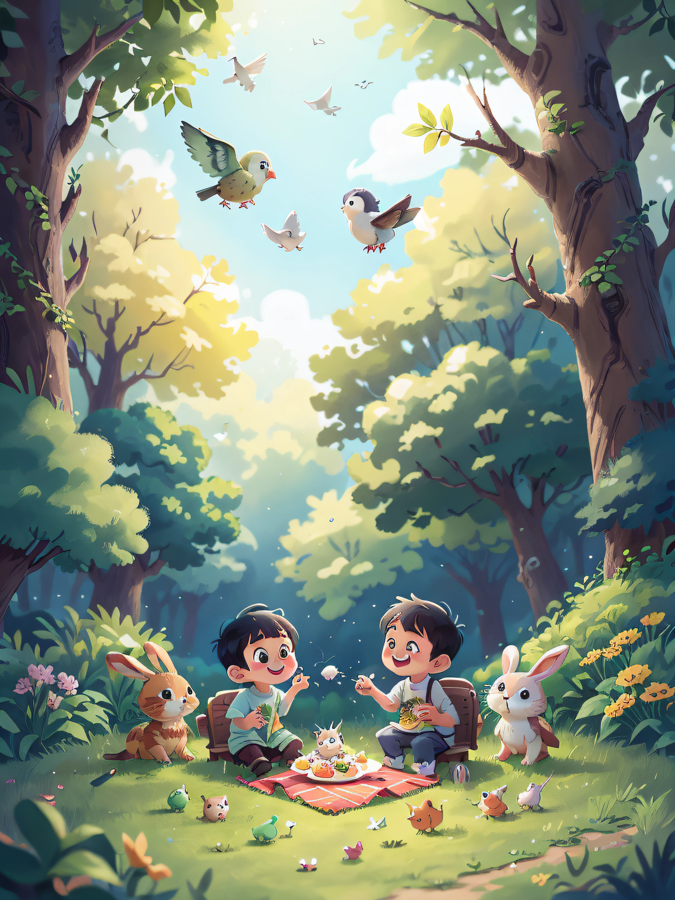 Jeizuo，the best quality t，（Very detailed CG unified 8K wallpaper），（the best quality t），（The best illustrations），（The best shades），Deep in the forest，Children play with the animals。The little rabbit jumped around on the grass，The kitten chases its tail。The children set up a picnic，They share food，Laugh and talk。Suddenly，A small bird flew to them，It spreads its wings，It's like inviting everyone to fly together。Children fly along with the birds，Enjoy the feeling of freedom。