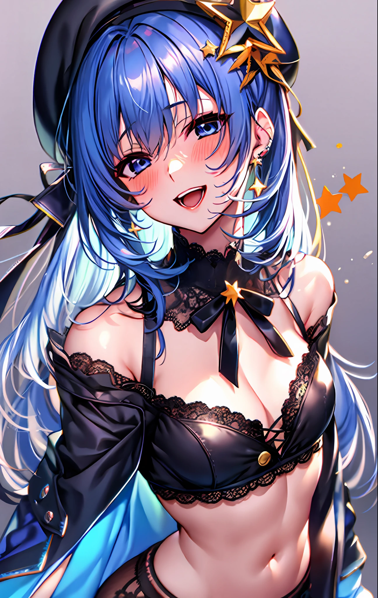 1girl, bangs, beret, black_headwear, blue_eyes, blue_hair, blush, bow, buttons, choker, earrings, eyebrows_visible_through_hair, fingernails, from_above, hair_between_eyes, hair_ribbon, hand_up, hat, hoshimachi_suisei, jacket, jewelry, lace, lace_trim, long_hair, long_sleeves, looking_at_viewer, nail_polish, neck_ribbon, off_shoulder, open_mouth, orange_legwear, purple_eyes, ribbon, shirt, simple_background, smile, solo, star_\(symbol\), star_in_eye, virtual_youtuber, white_background