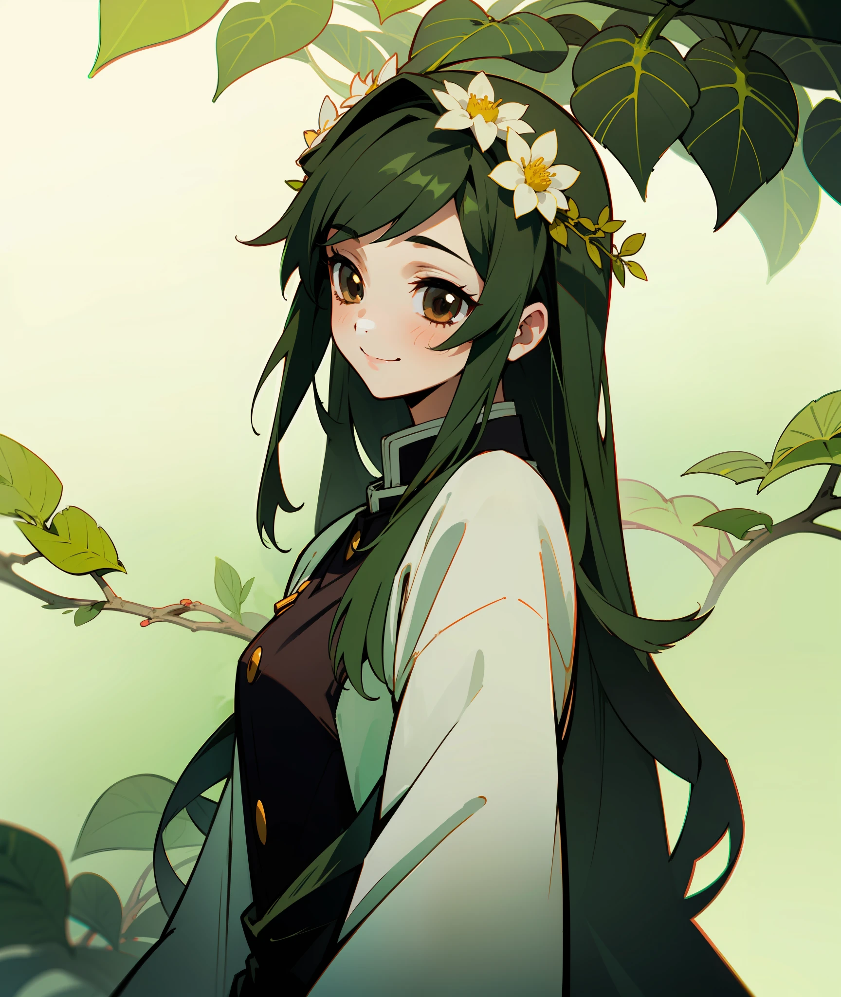 1girl, dark green hair, brown eyes, quiet, happy, calm, smile, cute, long hair, doe eyes, green haori, demon slayer uniform, leaves in hair, vine crown, vines, leaves, plants, flower crown