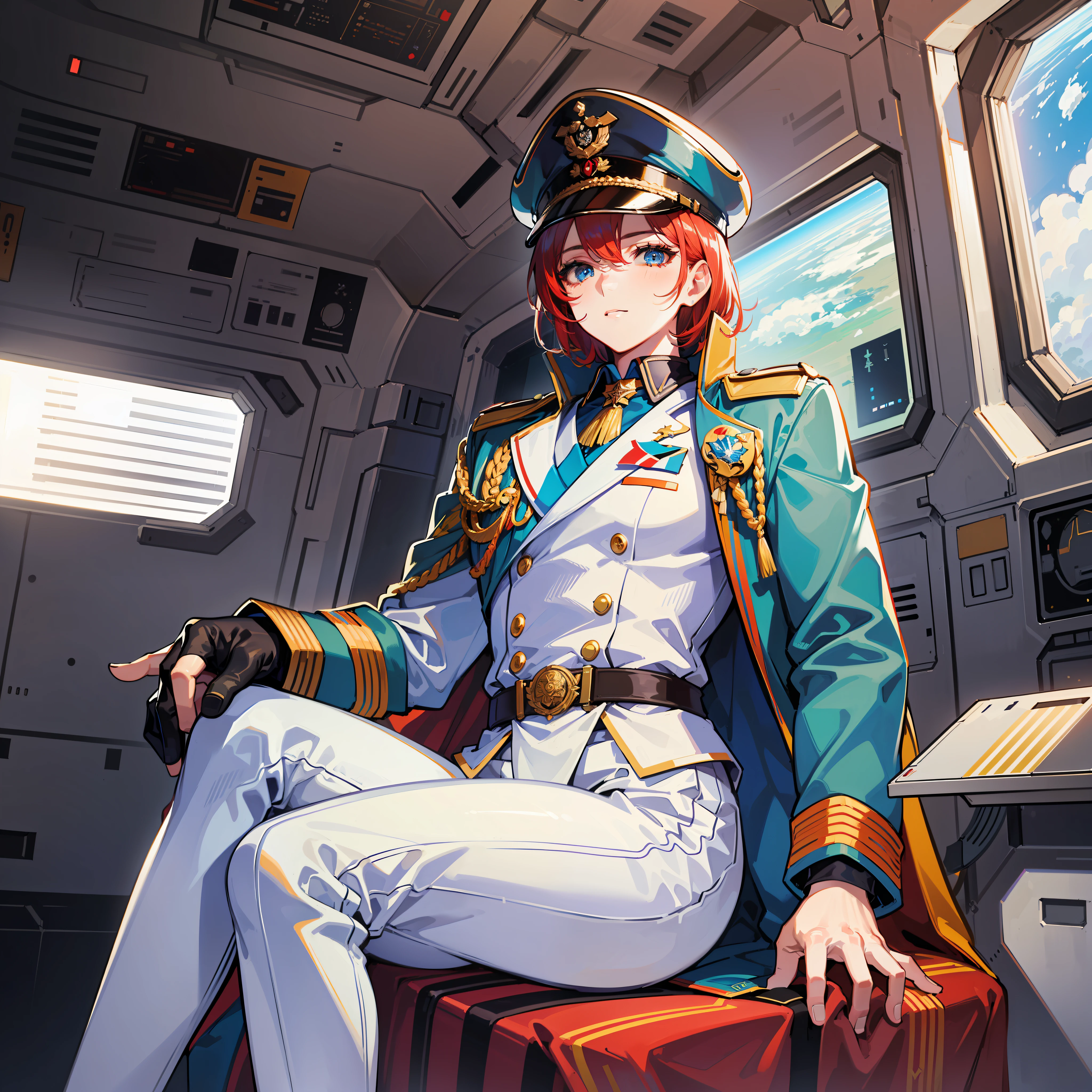 ((Masterpiece)), ((Highest Image Quality)), ((Best Quality)), (Illustration of One Girl), Full Body, 25 Years Old, Short Red Hair, (Thin Hair on Both Sides of Face), Blue Eyes, (((Tall)), ((Muscular Strong Body)), ((Manspreading)), Open Legs, (((Military Uniform)), (Military Hat)), (Military Coat)), (White Clothes), (White Pants), (White Hat), Trench Coat, ((Inside the spaceship, sitting in the captain's seat)), (outside the window, space, Earth seen from space, spaceport)