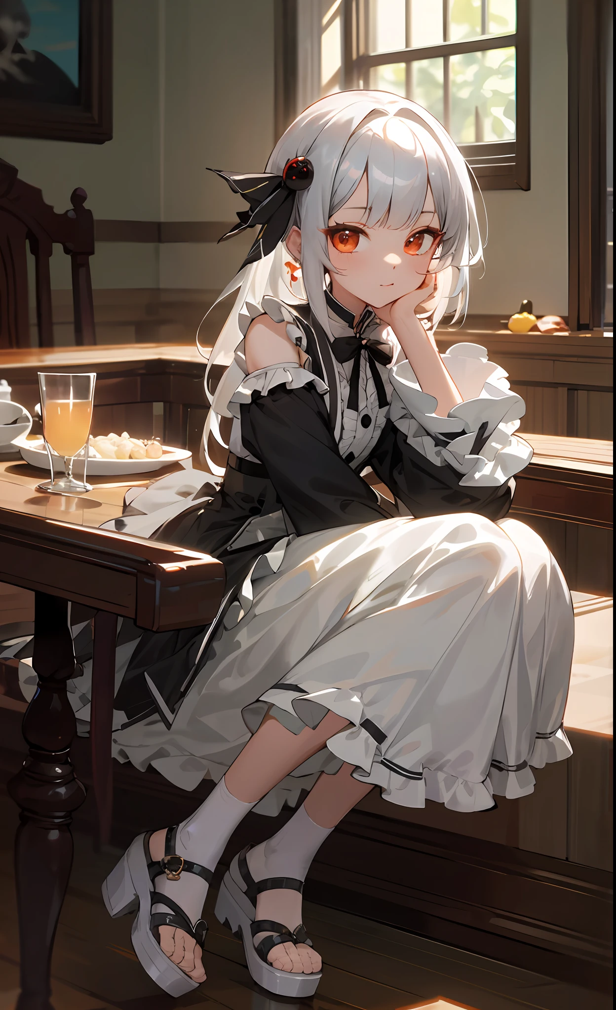 Best quality at best， tmasterpiece， realisticlying， 超高分辨率， Complicated details， 1girll， Jirai is stylish， beautiful  face， Light silver hair， hair adornments， frilled sleeves， skirt with frills， fishing nets， platform footwear， in the dining room， squatt