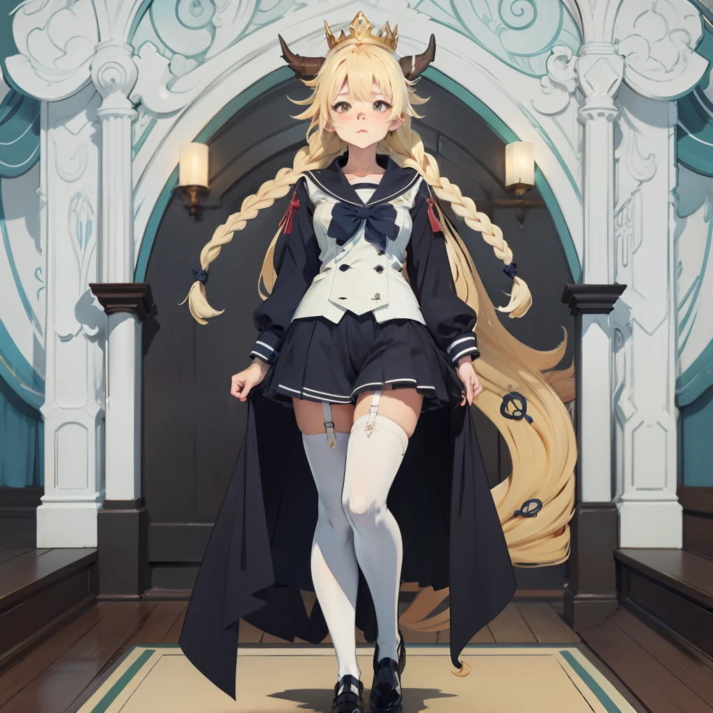 Blonde hair, Long hair with shawl and double long braids, anime illustrated, high qulity, JK sailor suit, Two-dimensional, Novel illustration, White suspender stockings, Beast-eared maiden, A princess, Stand upright, Full body photo, UHD, retina, masterpiece, ccurate, anatomically correct, high details, best quality, high quality, 8k