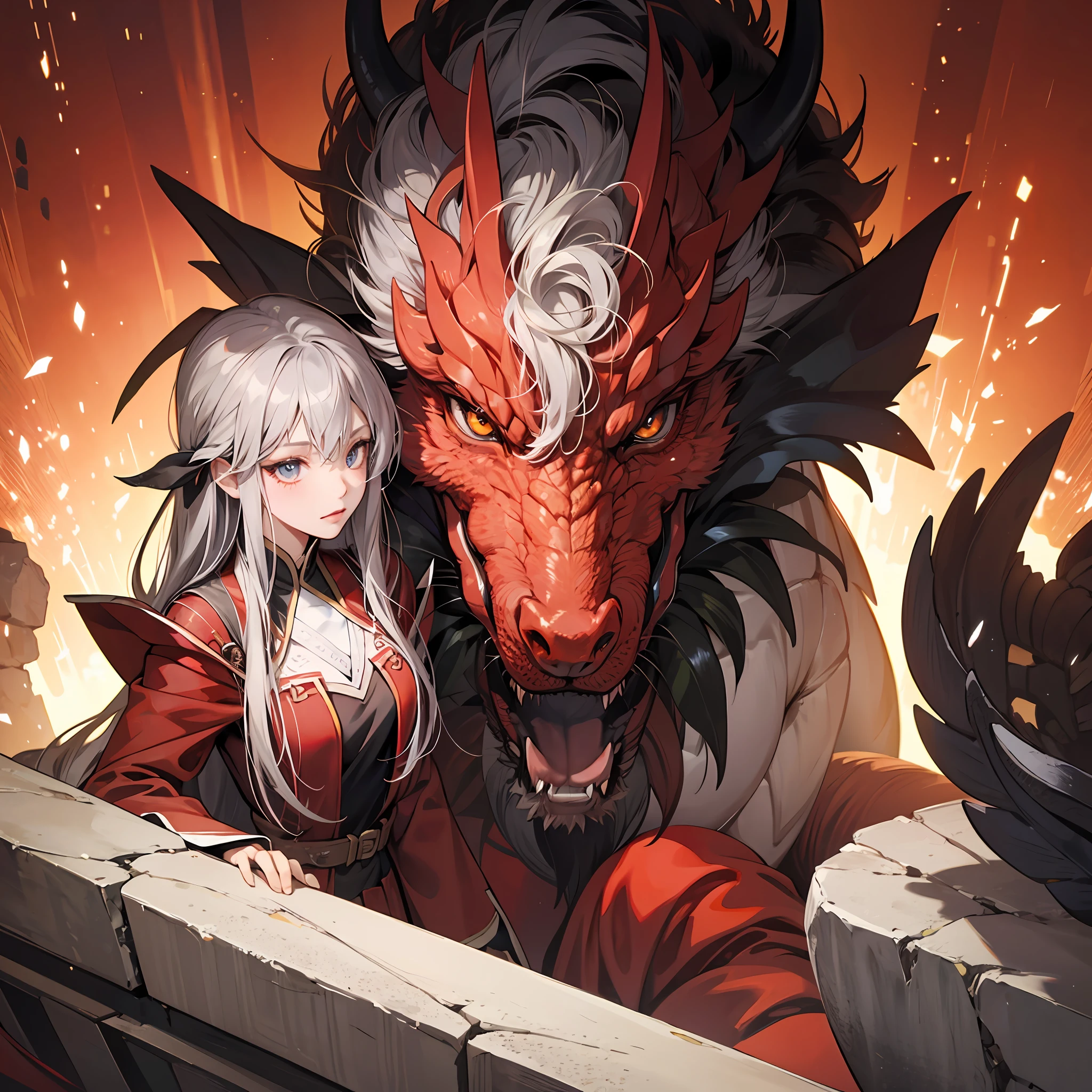 red colour,big dragon,gray-haired girl,Crimson gold eyes --auto