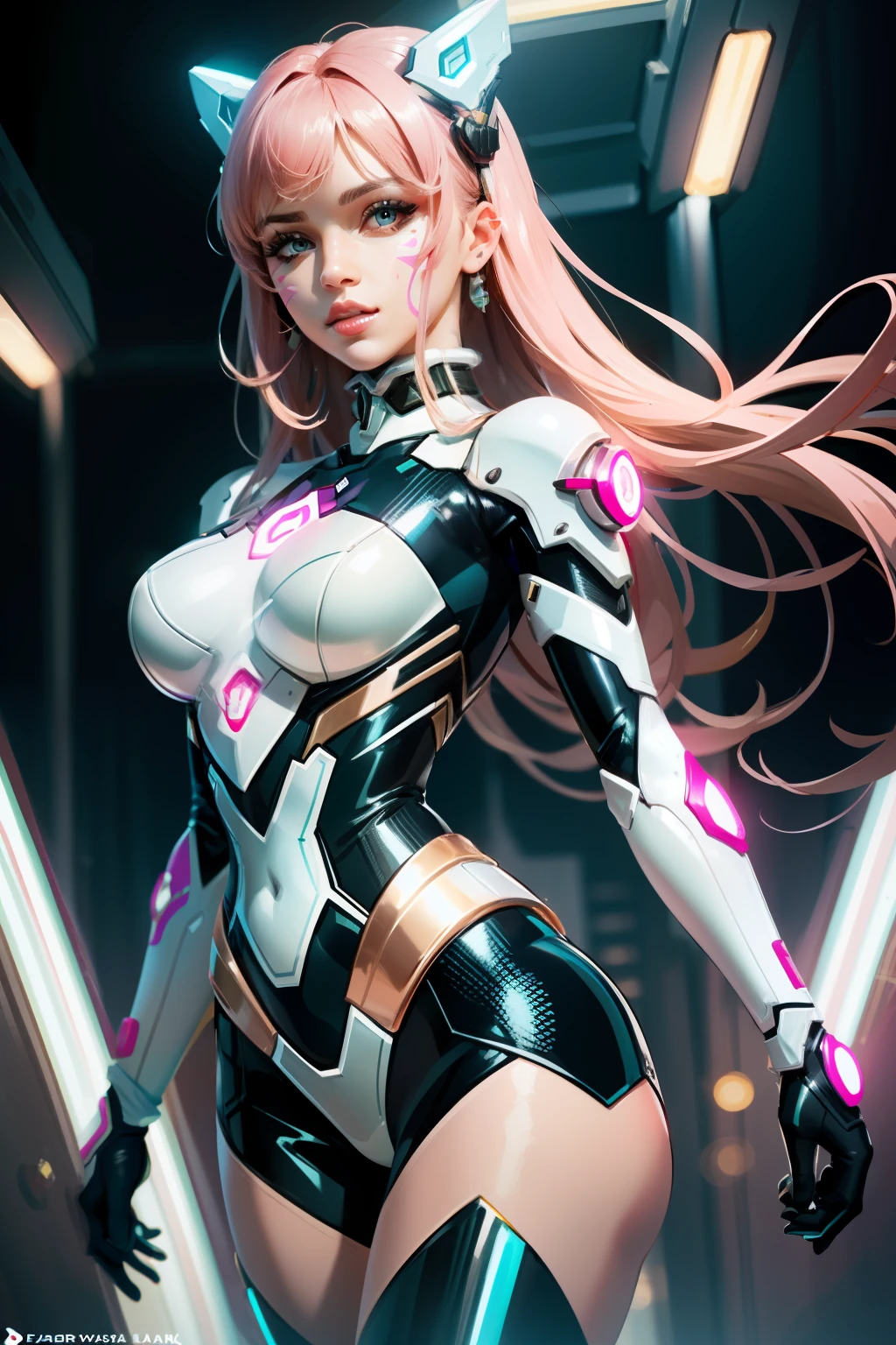 (masterpiece, best quality), intricate details,
1girl, 1girl, d.va (overwatch), solo, long hair, whisker markings, bodysuit, brown hair, facial mark, gloves, breasts, brown eyes, pilot suit, cowboy shot, headphones, white gloves, medium breasts, swept bangs, skin tight, animal print, bangs, bunny print, ribbed bodysuit, facepaint, pink lips,