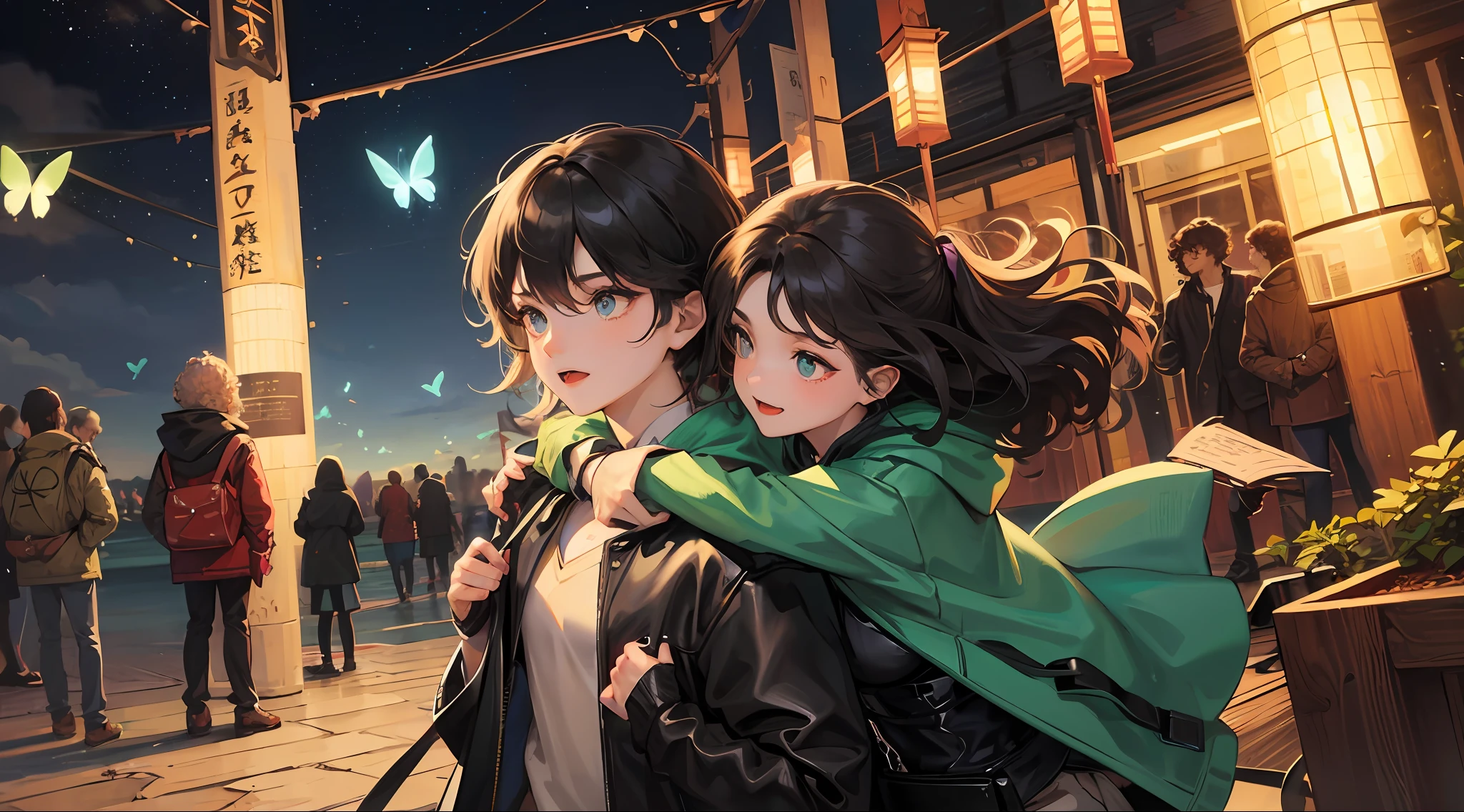 deep in the night,beachside,teens girl,Blue pupil,with short black hair,curlies,Black hood,Carrying a vintage lantern with green fire,There are green light butterflies,sideface,tmasterpiece,Exquisitely,Need --auto
