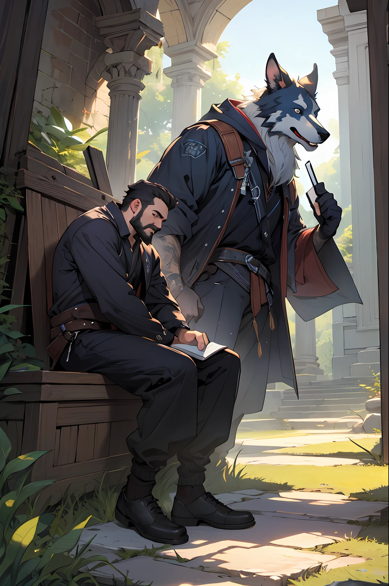 (Extremely detailed Cg unified 8K,Masterpiece, Best quality, Ultra-detailed), Horizontal composition,The character is on the right side of the picture,An adventurer sitting on a scrapped altar, Notebook learning, Surrounded by grass, Latter-day Araki, The sun sets abruptly, Strong Shadow, Confidently gaze into the mysterious universe, Full beard, Cowboy style, Affectionate and mysterious, Assemble your own style.