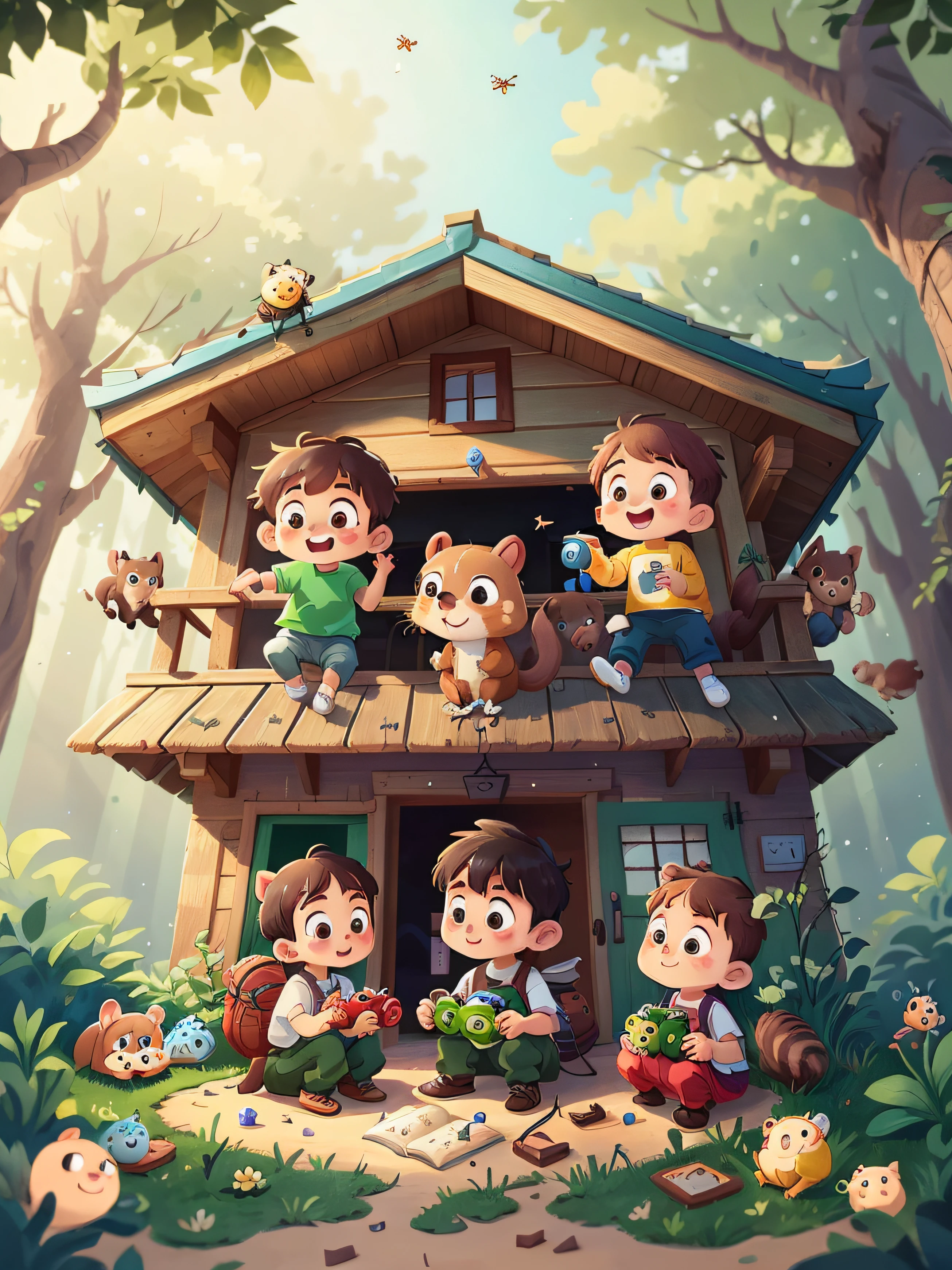 Jeizuo,the best quality t,(Very detailed CG unified 8K wallpaper),(the best quality t),(The best illustrations),(The best shades),Deep in the forest,Children play with the animals。Little bees buzz and fly,Little frogs jump up and down。The children built a cabin,They play games in the house、Tell stories。Suddenly,A small squirrel broke into the wooden house,It looks curious and playful。Children having fun playing with little squirrels,Everyone had a great time together。