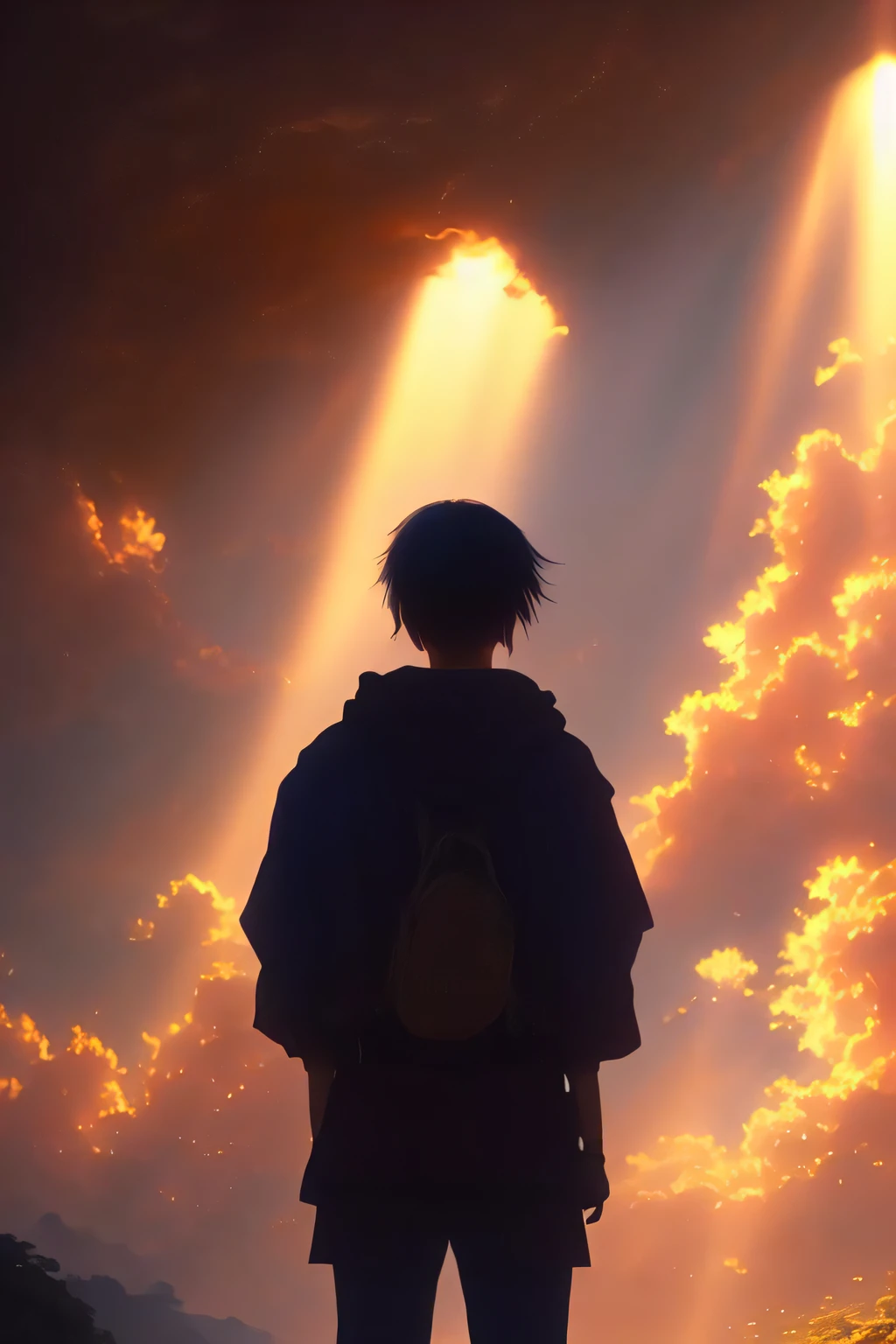 PiroxiumDiffusion style,  person standing in front of golden beacon of light, anime style, soft golden lighting, highly detailed, beautiful, oil painting