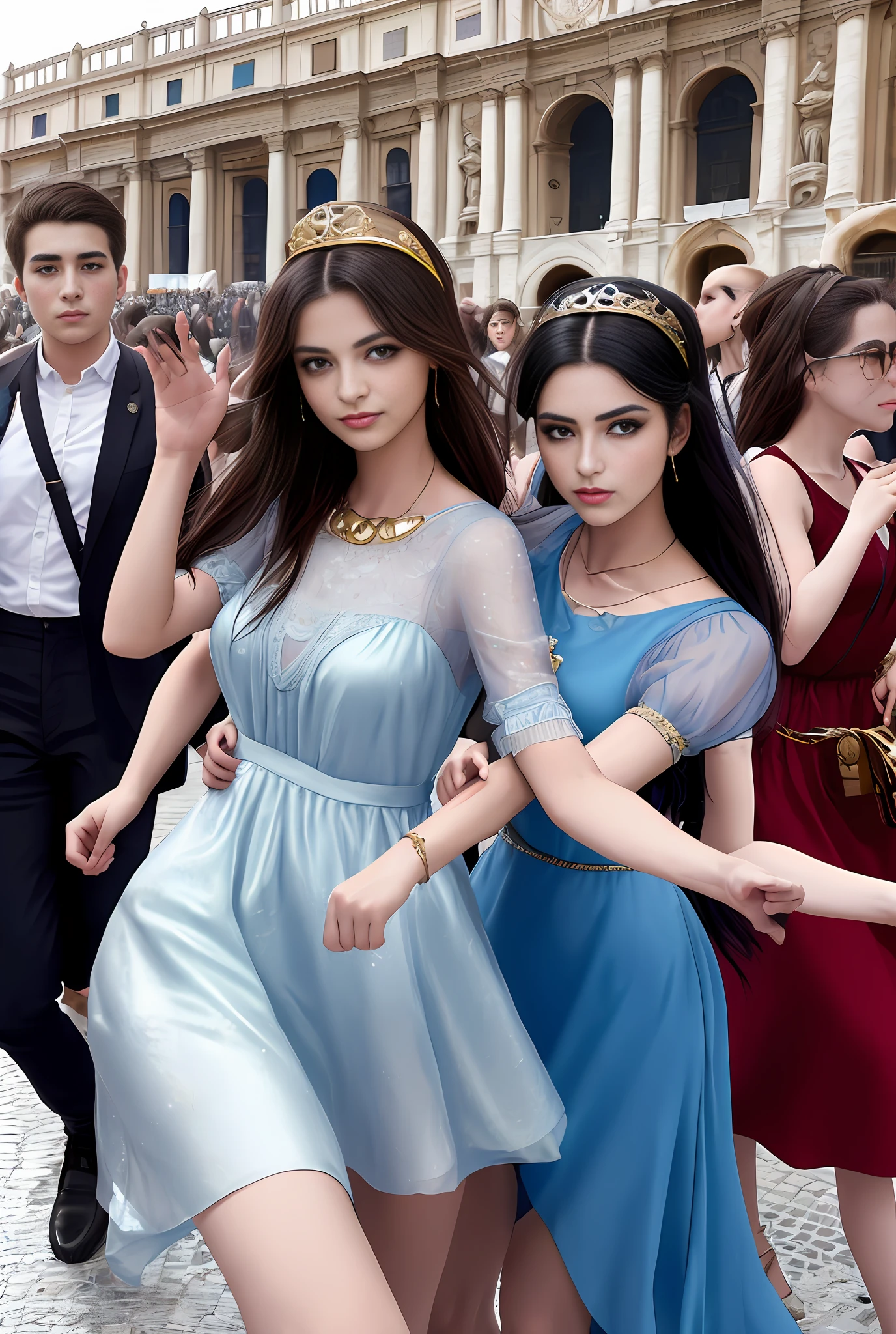 (巨作, Best quality, Realistic),
2girls,duo,(on the St. Peter's Square of Vatican,crowd of), st. Peter's Square of Vatican background,gypsy dress,(Princess Eyes,shiny pupils),Dancing,  Gold, banquet, crowd of, picking up skirt,
[Slight smile],