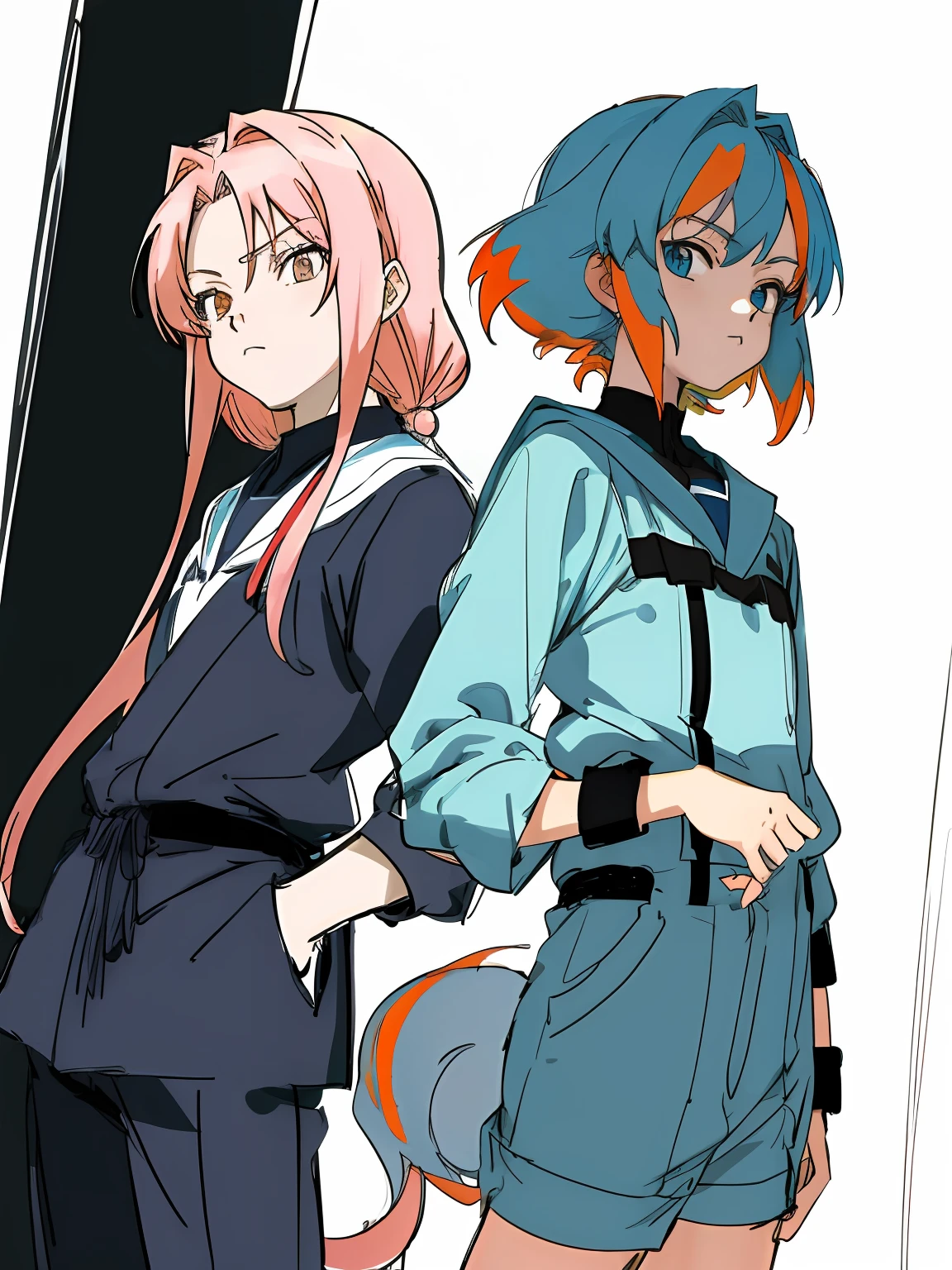 drawing of two anime characters with different colored hair, flat anime style shading, clean anime outlines, double tails, 2 d anime style, anime shading), anime shading, a variety of poses, in an anime style, subtle anime style, Both faces are visible, In anime style, colored sketch anime manga panel, Line sketch!!, semirealistic anime style, no shade