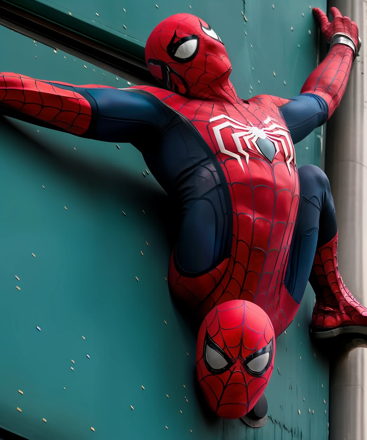 At dusk,Passers-by look up and see Spider-Man climbing on a particularly tall building