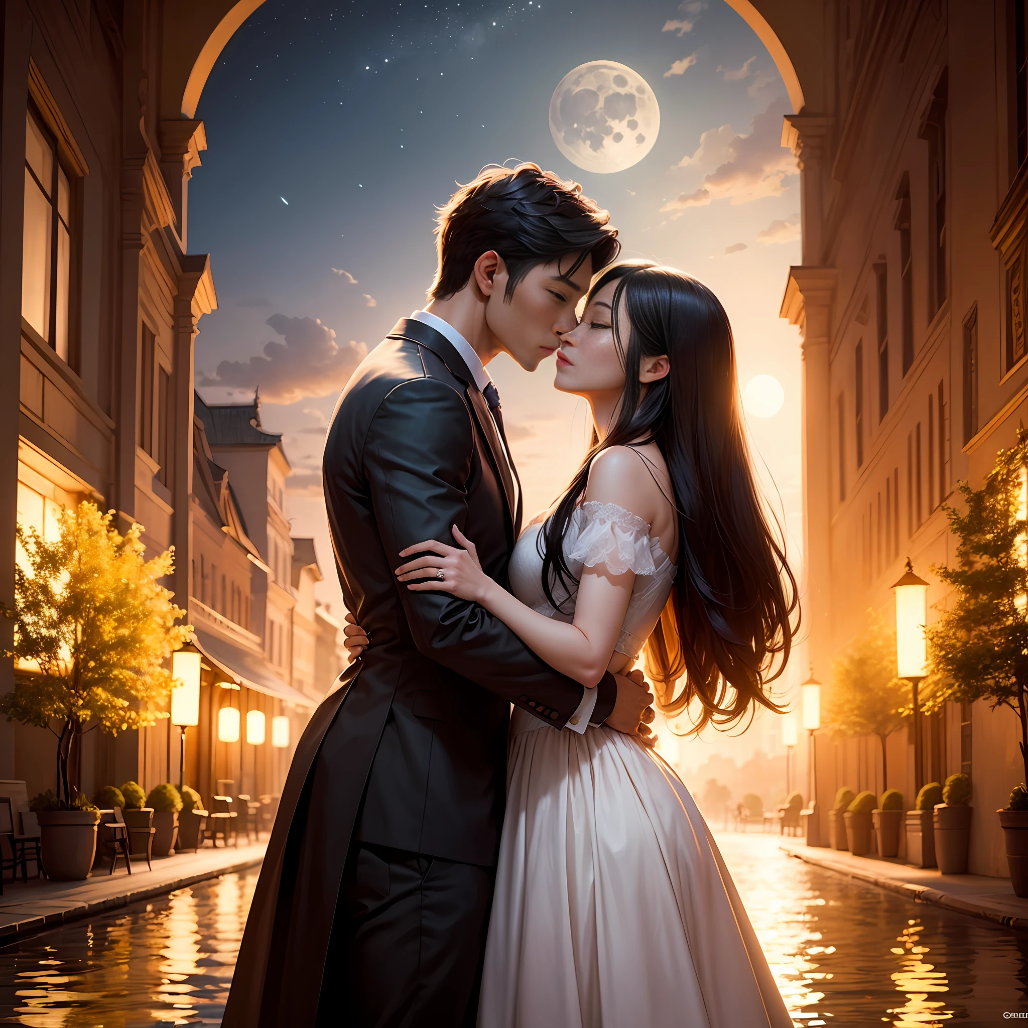 Moonlight An oriental Asian couple ,The female character is enchanting,The man is tall and handsome,Embrace and kiss each other ,