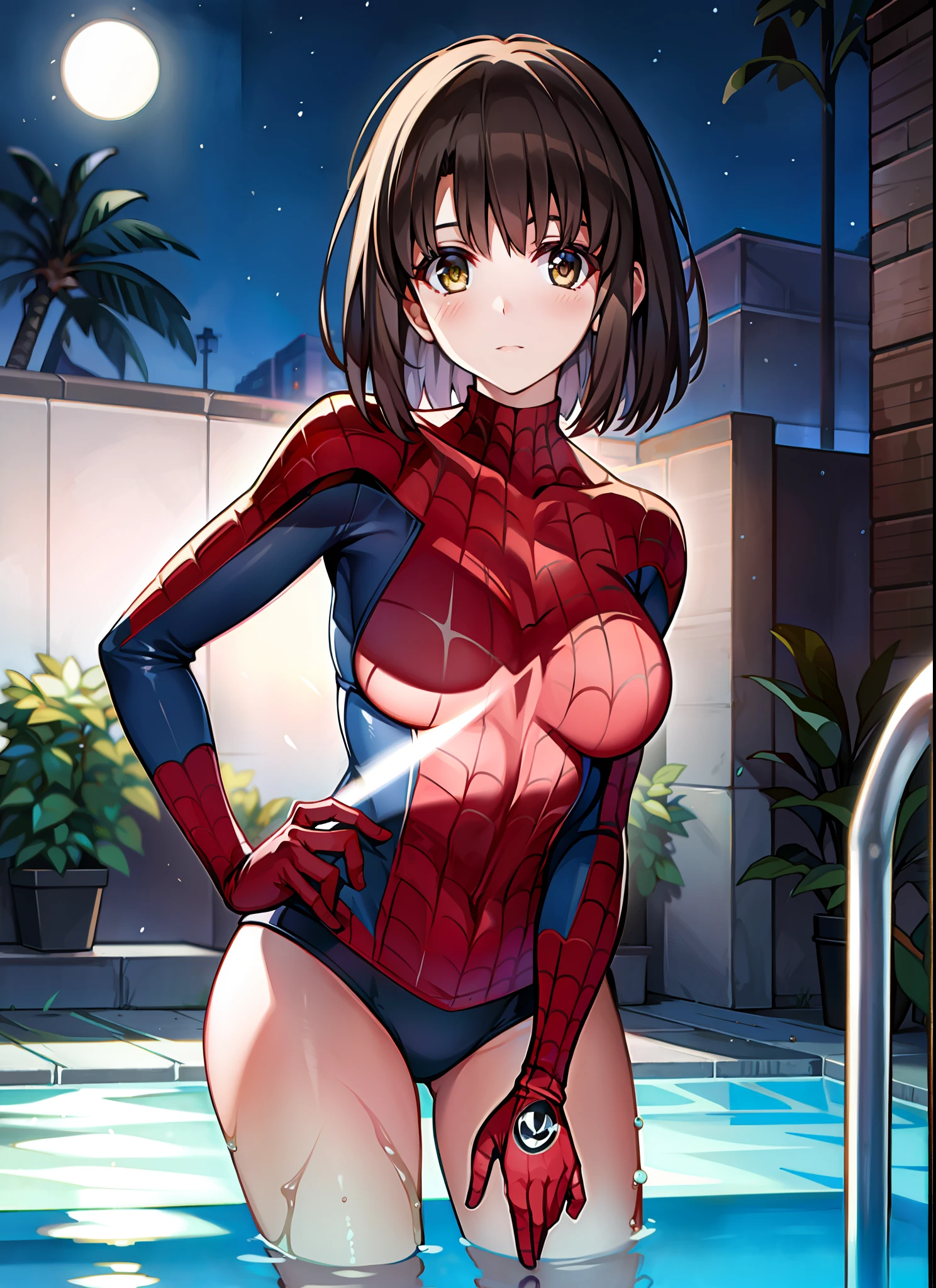 Masterpiece, Best quality, 8K, A high resolution, 1girll, Night, Pool, neonlight, Moon, Seductive, Spider suit,