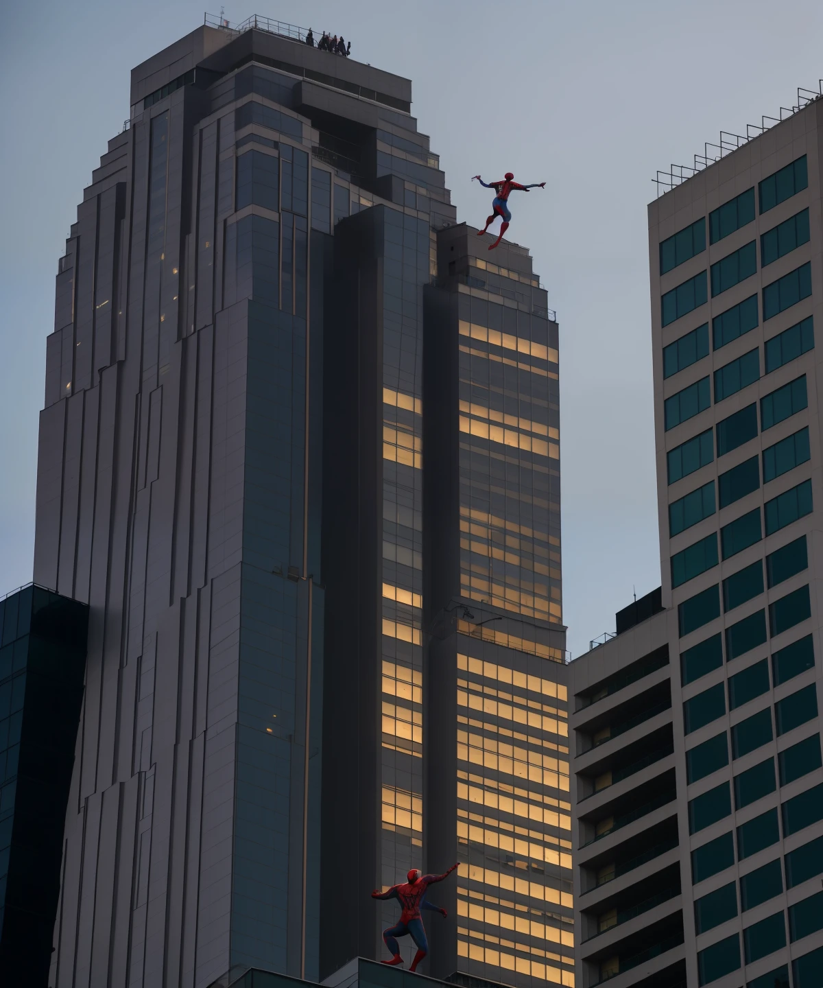 At dusk,Passers-by look up and see Spider-Man climbing on a particularly tall building