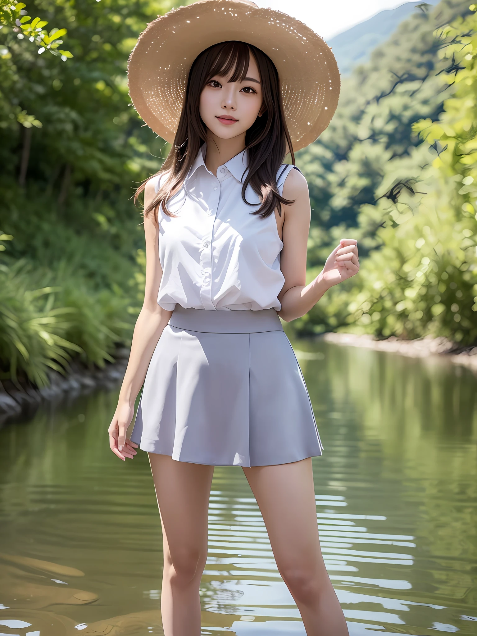 mastepiece, 1 girl per 1 photo, full body shot, front view, a Japanese young pretty girl, standing alone in a river surrounded by mountains of a countryside of Japan, a big smile, glamorous figure, wearing a sleeveless light blue blouse with collared, wearing a short length light brown culottes skirt, wearing a white straw hat, hyper cute face, glossy lips, double eyelids for both eyes, natural makeup, shiny smooth light brown hair of long bob hair, asymmetrical bangs, tanned skin, central image, 8K resolution, high detail, detailed hairstyle, detailed face, cinematic lighting, octane rendering, hyper realistic, perfect limbs, perfect anatomy